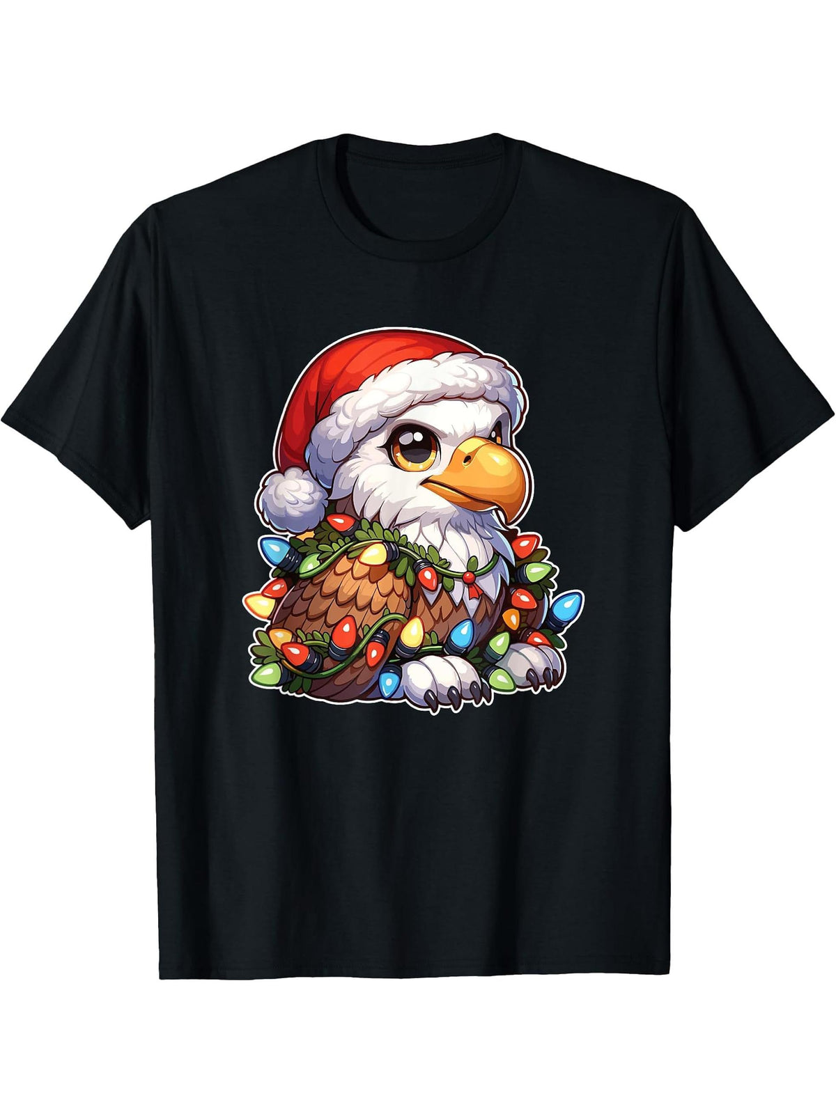 Christmas Light Chain Bald Eagle T-Shirt 180G 100% Cotton Printed Round Neck Short-Sleeve T-Shirt, Gifts for Men Dad Husband Grandpa, S-XXXL, Black