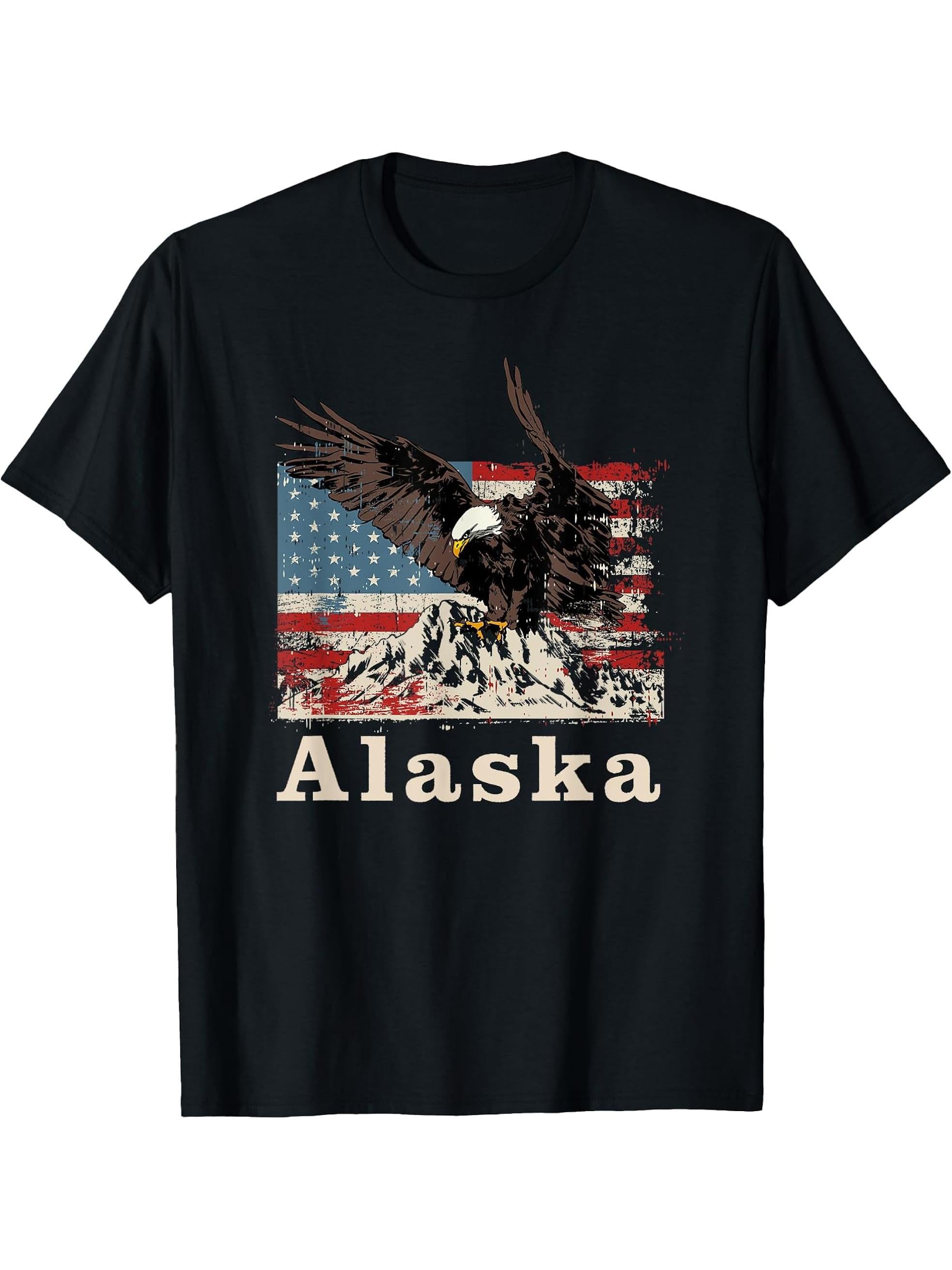 American Bald Eagle Flag Alaska Souvenir T-Shirt 180G 100% Cotton Printed Round Neck Short-Sleeve T-Shirt, Gifts for Men Dad Husband Grandpa, S-XXXL, Black