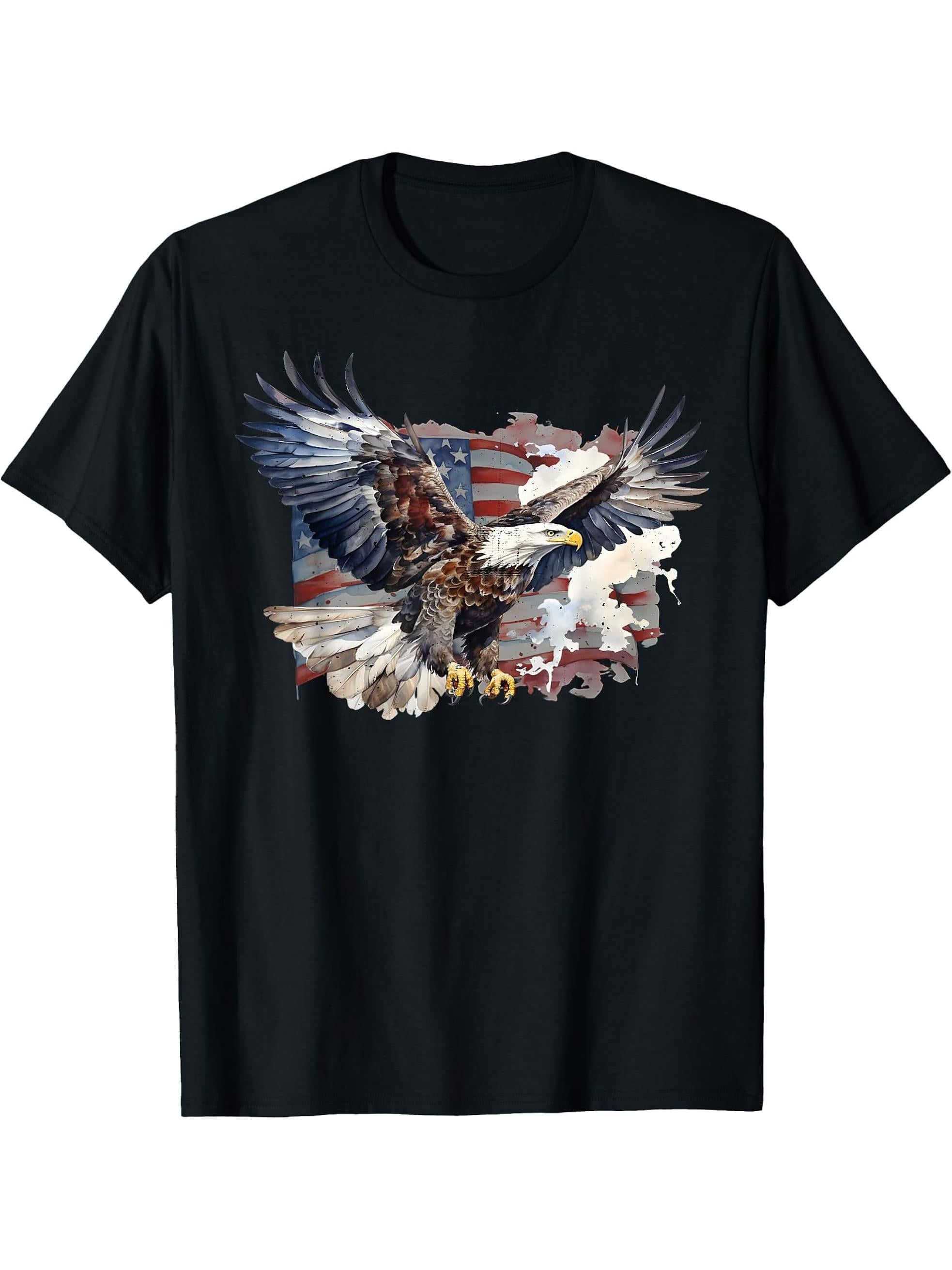 American Nature Bald Eagle Mullet US Flag Patriot Bird Lover T-Shirt 180G 100% Cotton Printed Round Neck Short-Sleeve T-Shirt, Gifts for Men Dad Husband Grandpa, S-XXXL, Black