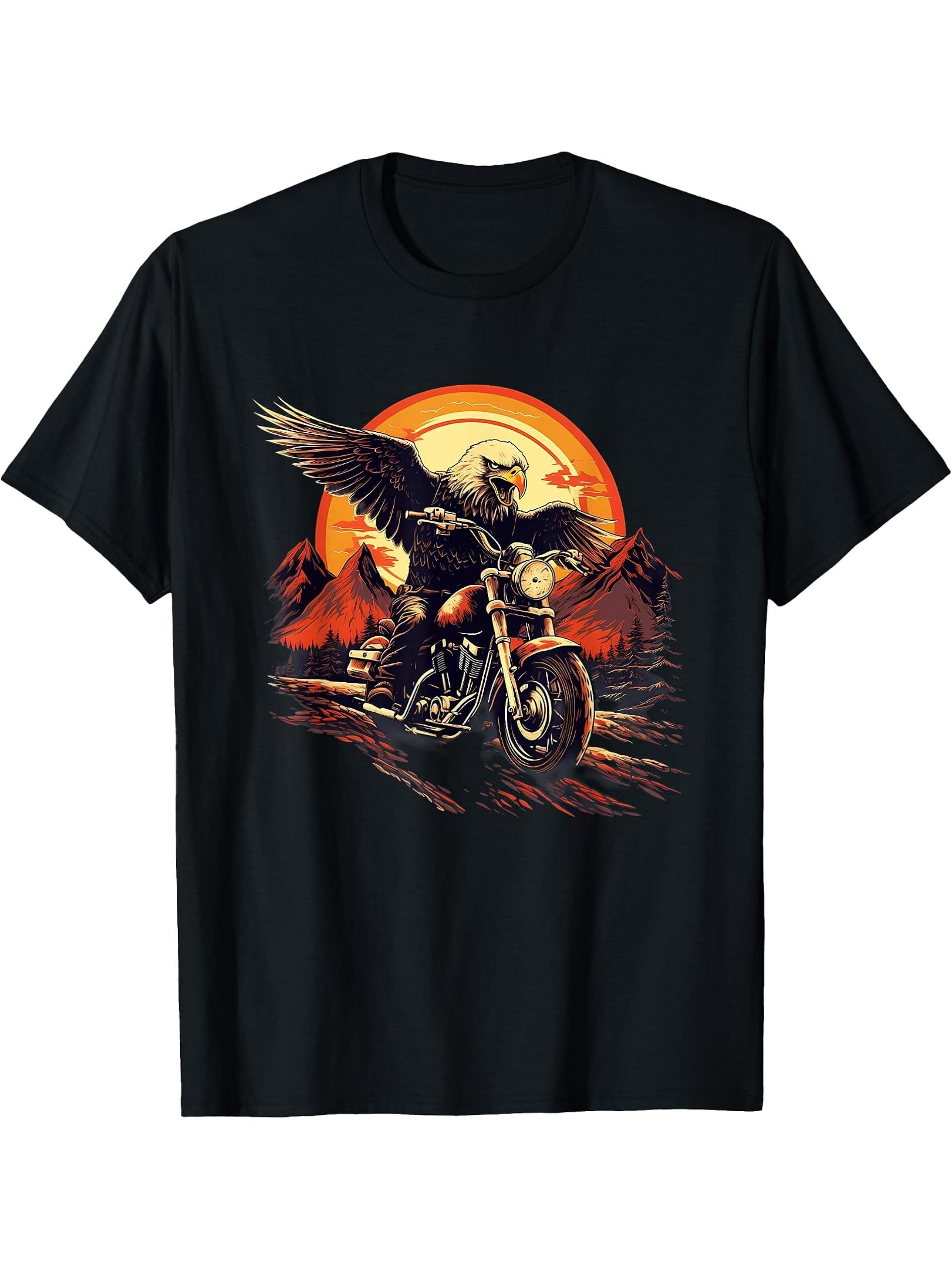 Biker Bald Eagle Riding Motorcycle T-Shirt 180G 100% Cotton Printed Round Neck Short-Sleeve T-Shirt, Gifts for Men Dad Husband Grandpa, S-XXXL, Black