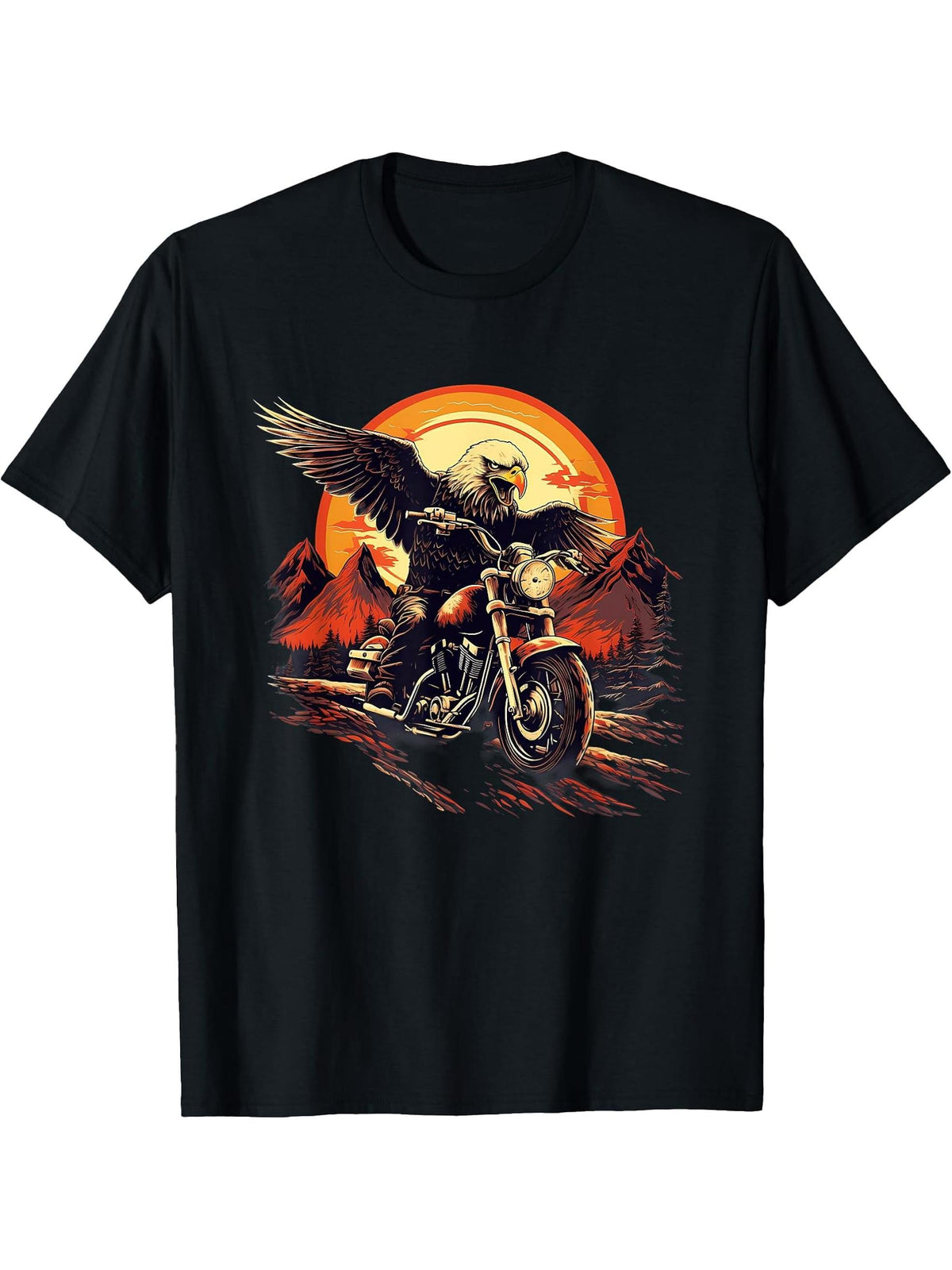 Biker Bald Eagle Riding Motorcycle T-Shirt 180G 100% Cotton Printed Round Neck Short-Sleeve T-Shirt, Gifts for Men Dad Husband Grandpa, S-XXXL, Black