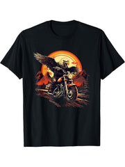 Biker Bald Eagle Riding Motorcycle T-Shirt 180G 100% Cotton Printed Round Neck Short-Sleeve T-Shirt, Gifts for Men Dad Husband Grandpa, S-XXXL, Black