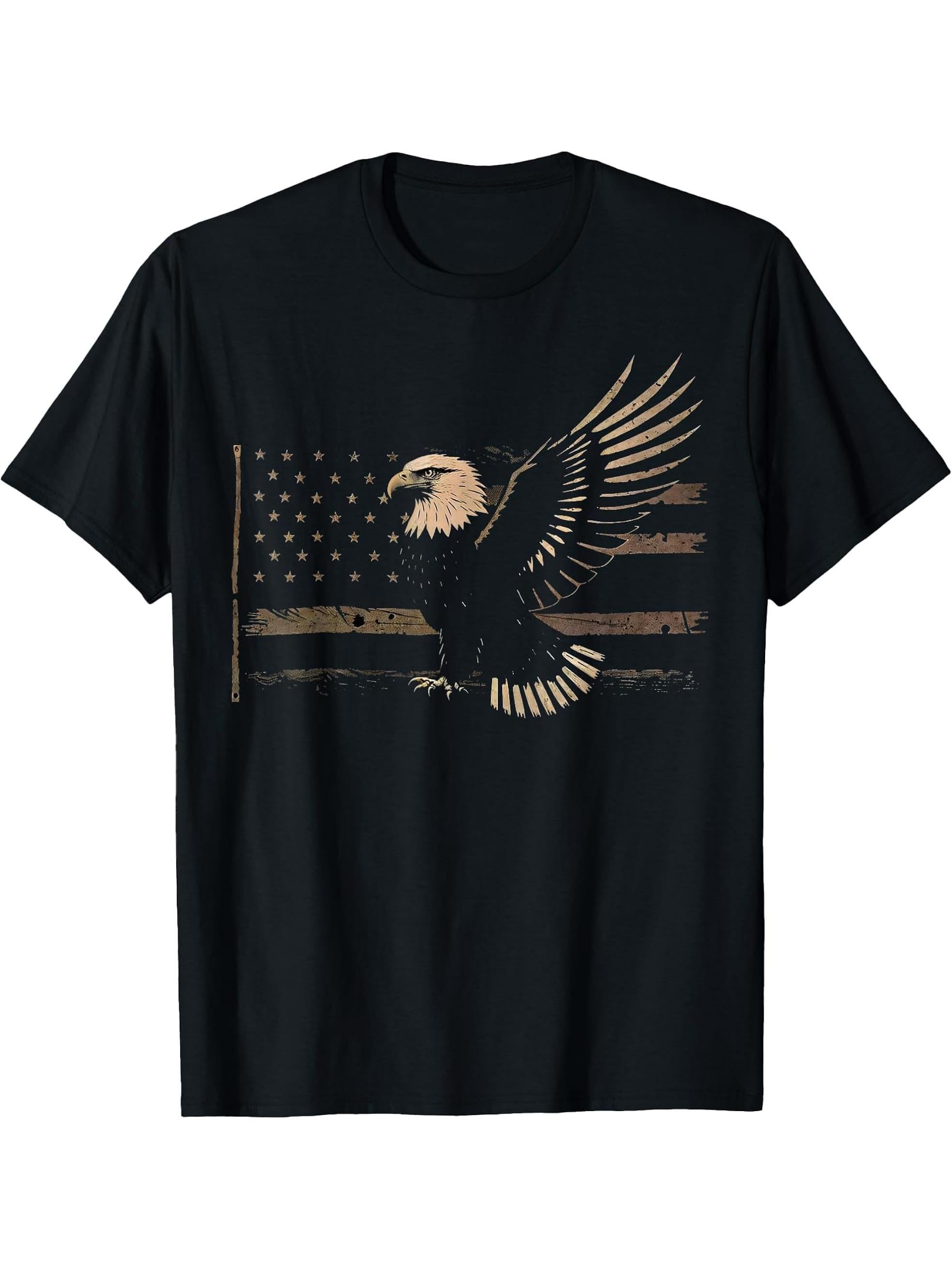 Bald Eagle US American Flag 4th Of July Proud Patriotic T-Shirt 180G 100% Cotton Printed Round Neck Short-Sleeve T-Shirt, Gifts for Men Dad Husband Grandpa, S-XXXL, Black