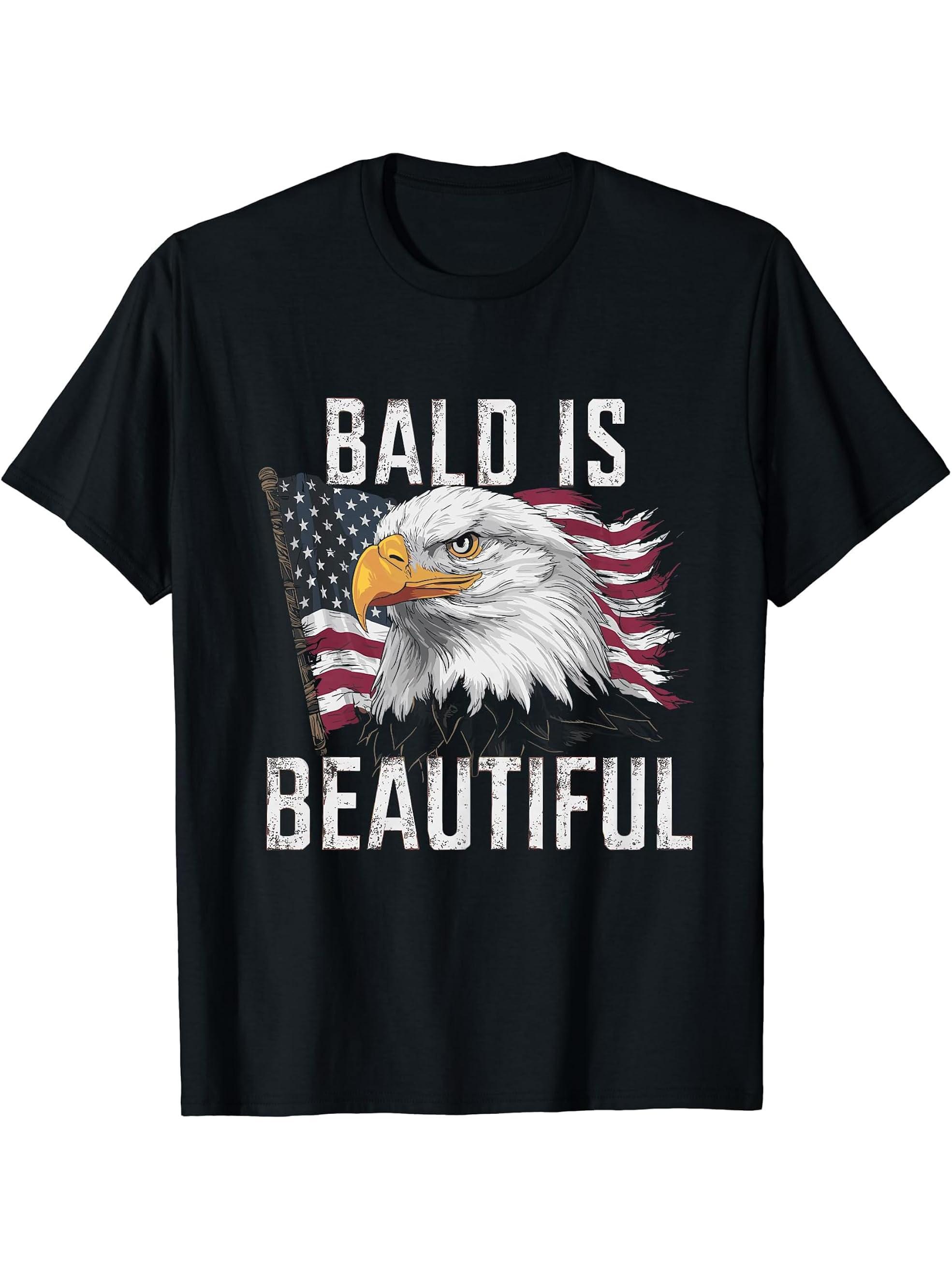 Bald Is Beautiful 4th of July Bald Eagle Independence Day T-Shirt, Small, Black 180G 100% Cotton Printed Round Neck Short-Sleeve T-Shirt, Gifts for Men Dad Husband Grandpa, S-XXXL, Black