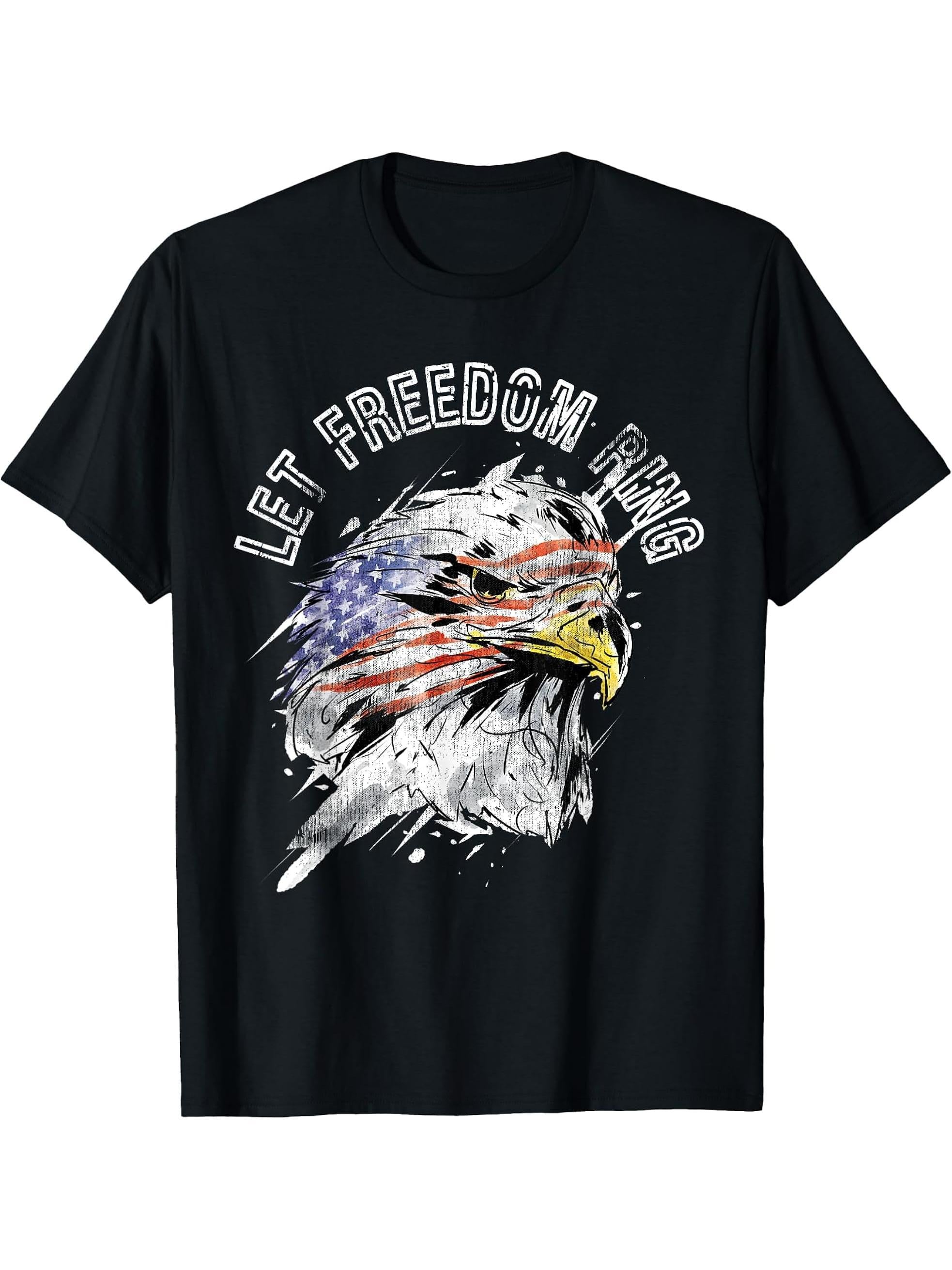 Patriotic American Bald Eagle US Flag Let Freedom Ring Quote T-Shirt 180G 100% Cotton Printed Round Neck Short-Sleeve T-Shirt, Gifts for Men Dad Husband Grandpa, S-XXXL, Black