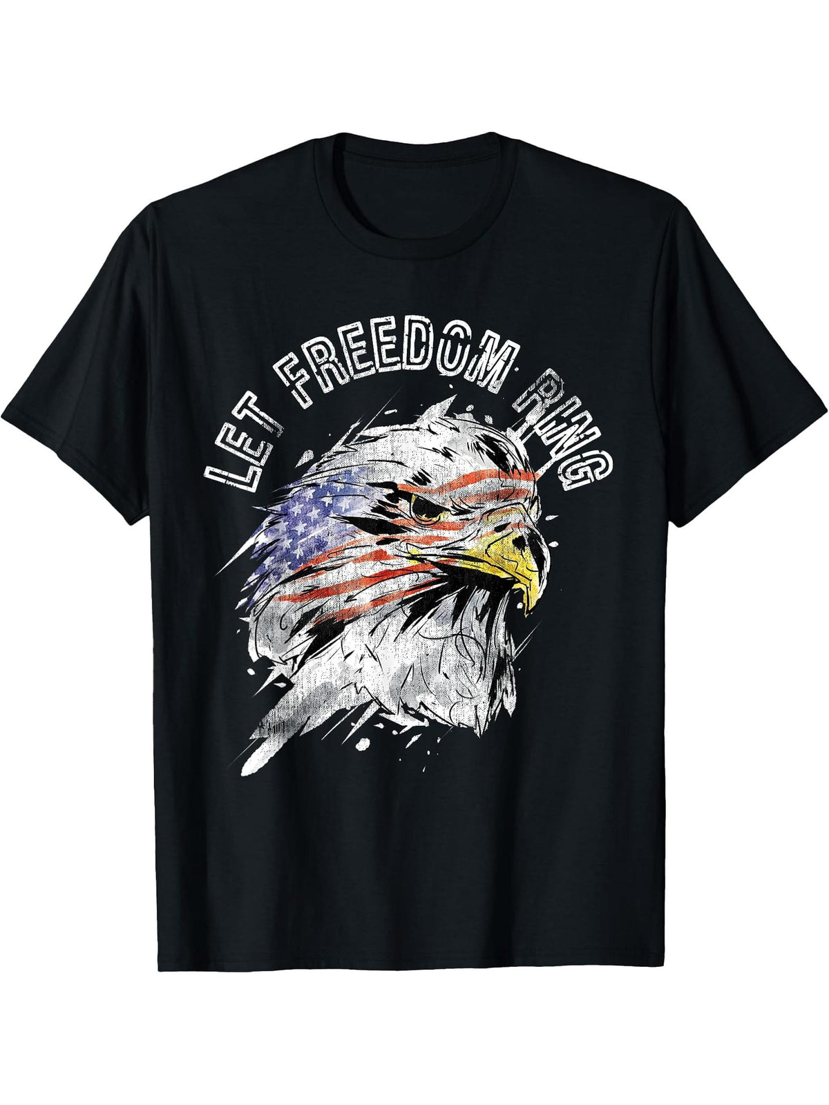 Patriotic American Bald Eagle US Flag Let Freedom Ring Quote T-Shirt 180G 100% Cotton Printed Round Neck Short-Sleeve T-Shirt, Gifts for Men Dad Husband Grandpa, S-XXXL, Black