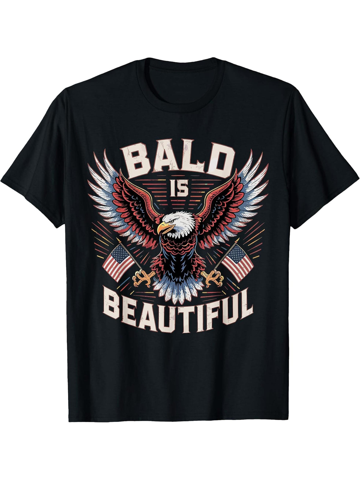 Bald is Beautiful American Bald Eagle USA Flag T-Shirt 180G 100% Cotton Printed Round Neck Short-Sleeve T-Shirt, Gifts for Men Dad Husband Grandpa, S-XXXL, Black