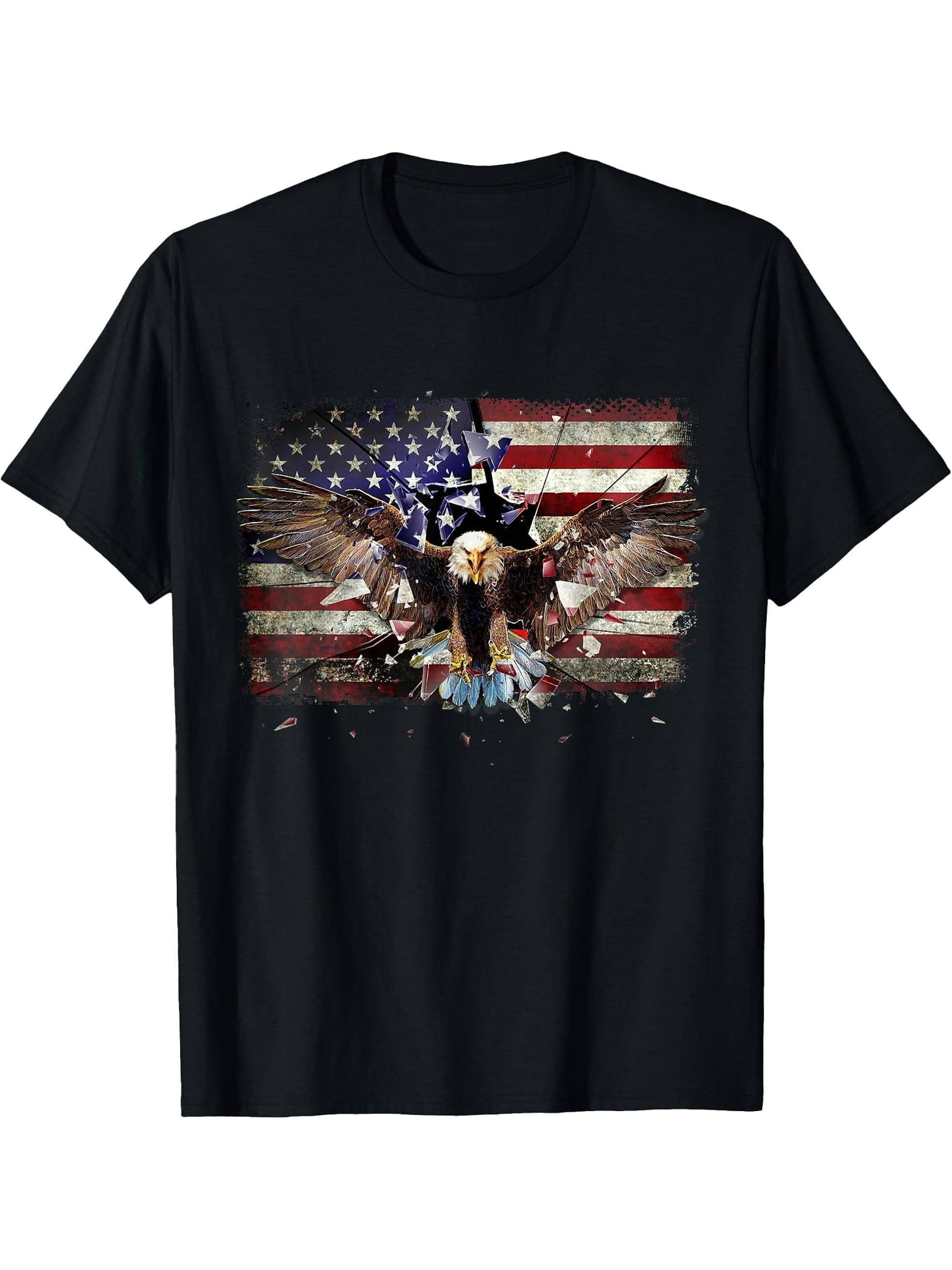 American Bald Eagle USA Flag Patriotic Eagle 4th of July T-Shirt 180G 100% Cotton Printed Round Neck Short-Sleeve T-Shirt, Gifts for Men Dad Husband Grandpa, S-XXXL, Black