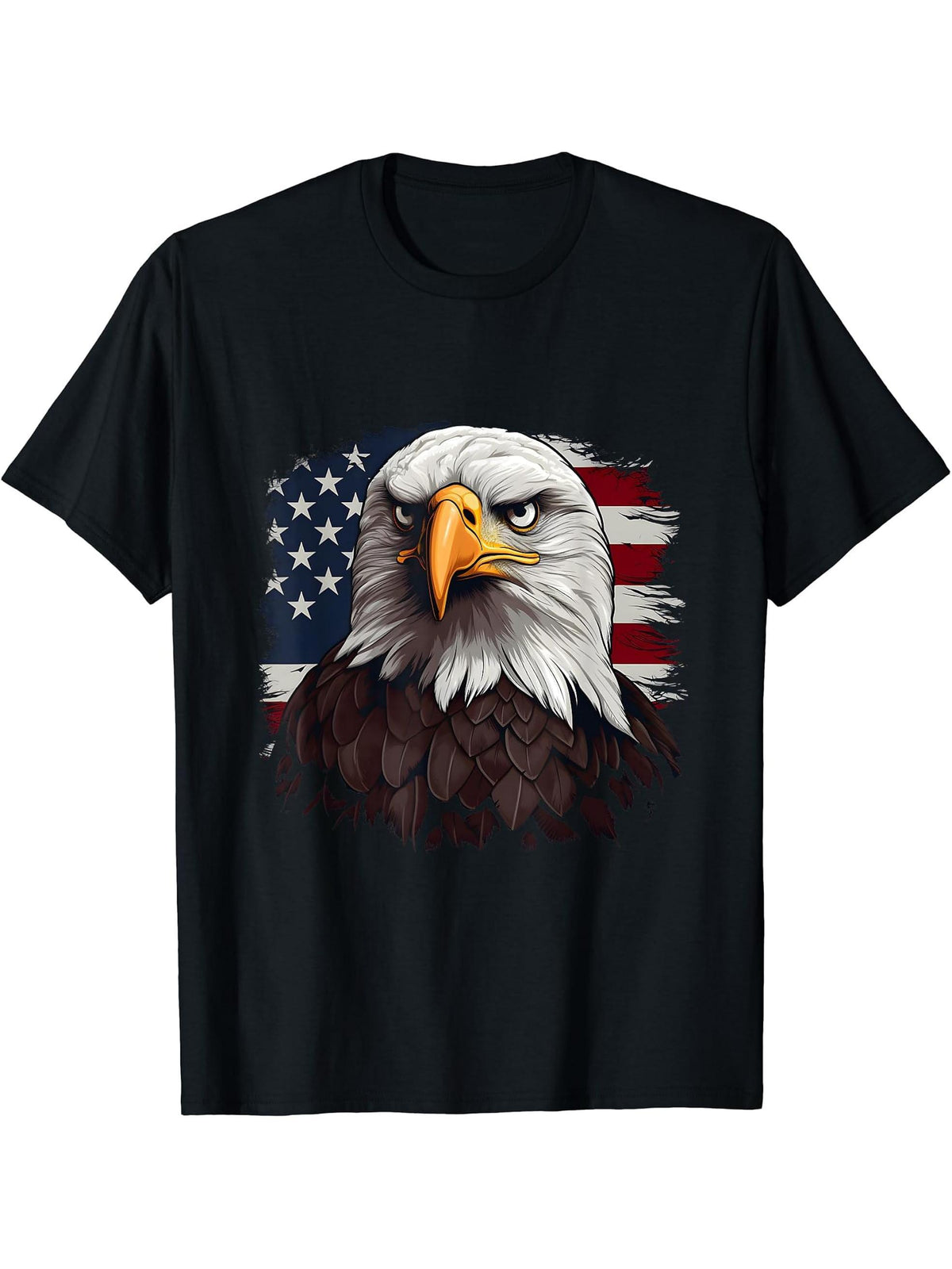 July 4th Symbolic Bald Eagle with American Flags T-Shirt 180G 100% Cotton Printed Round Neck Short-Sleeve T-Shirt, Gifts for Men Dad Husband Grandpa, S-XXXL, Black