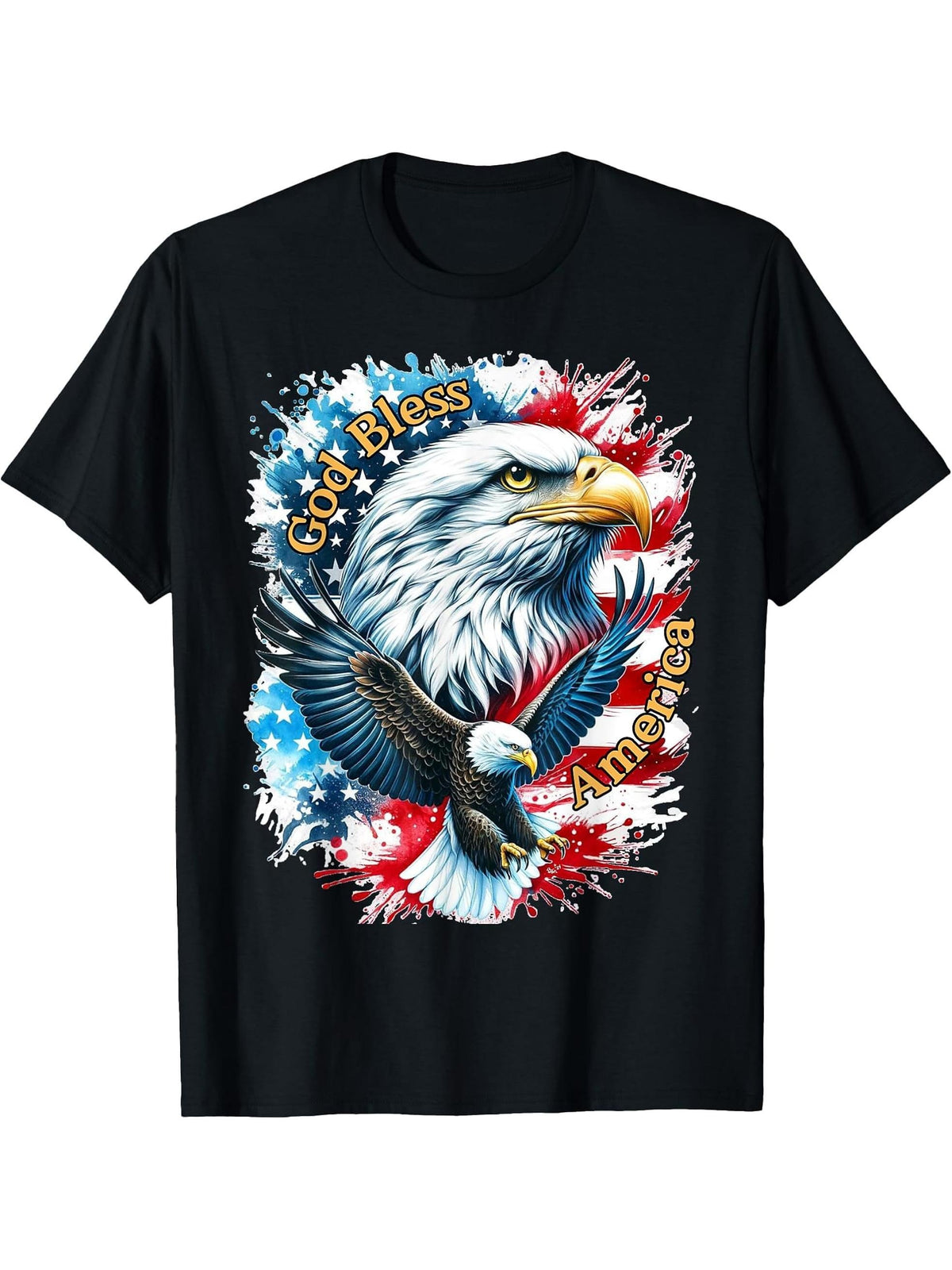 God Bless America Patriotic American Bald Eagles Tee T-Shirt 180G 100% Cotton Printed Round Neck Short-Sleeve T-Shirt, Gifts for Men Dad Husband Grandpa, S-XXXL, Black
