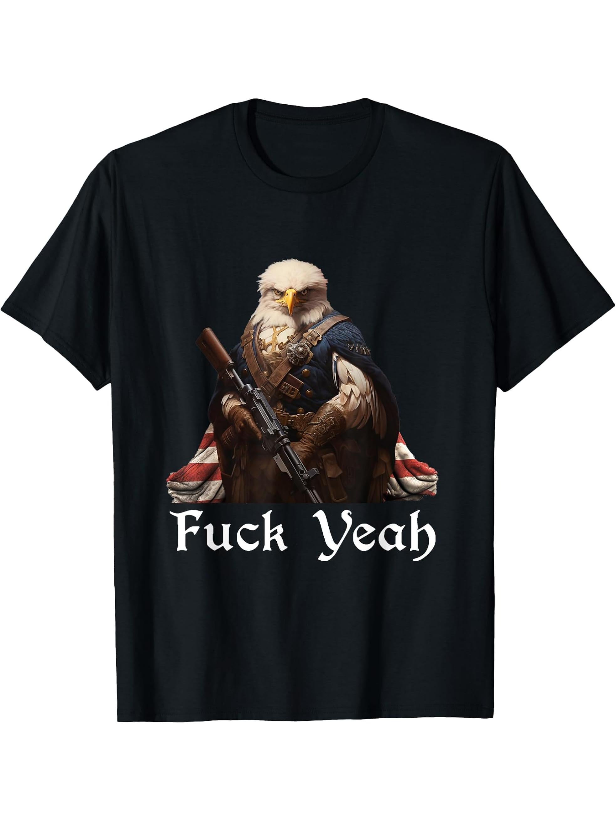 American Pride Bald Eagle Rifle 1776 Fuck Yeah Flag Cape T-Shirt 180G 100% Cotton Printed Round Neck Short-Sleeve T-Shirt, Gifts for Men Dad Husband Grandpa, S-XXXL, Black