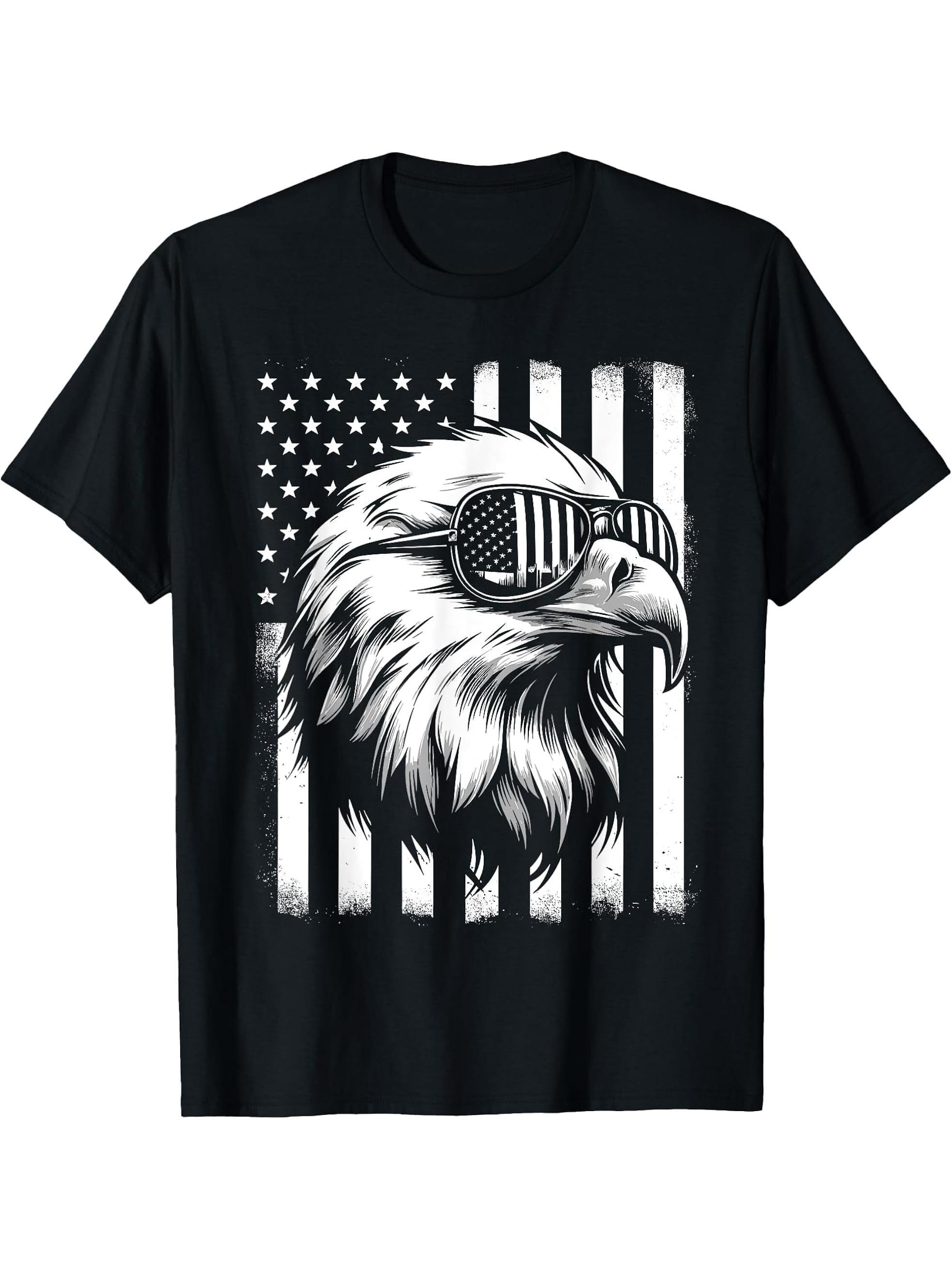 Independence Day Bald Eagle 4th of July Patriotic T-Shirt 180G 100% Cotton Printed Round Neck Short-Sleeve T-Shirt, Gifts for Men Dad Husband Grandpa, S-XXXL, Black