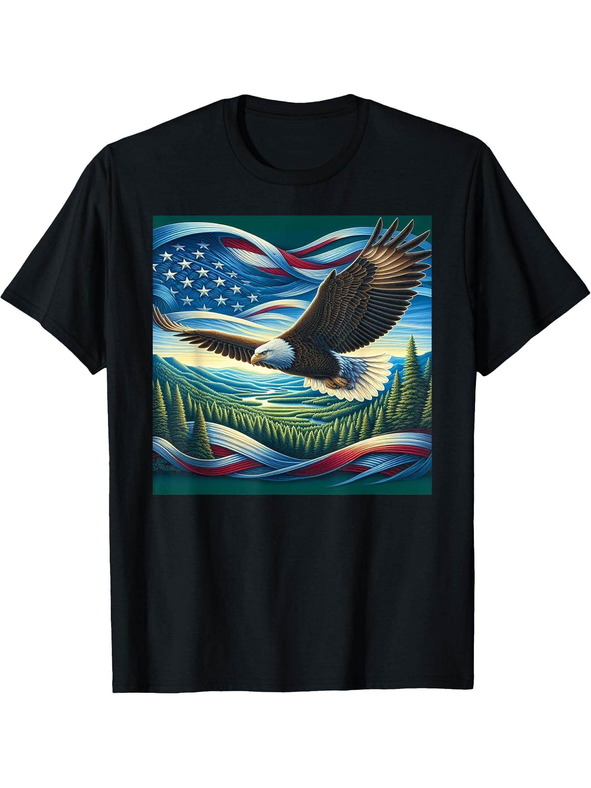 Majestic Bald Eagle in Flight T-Shirt 180G 100% Cotton Printed Round Neck Short-Sleeve T-Shirt, Gifts for Men Dad Husband Grandpa, S-XXXL, Black