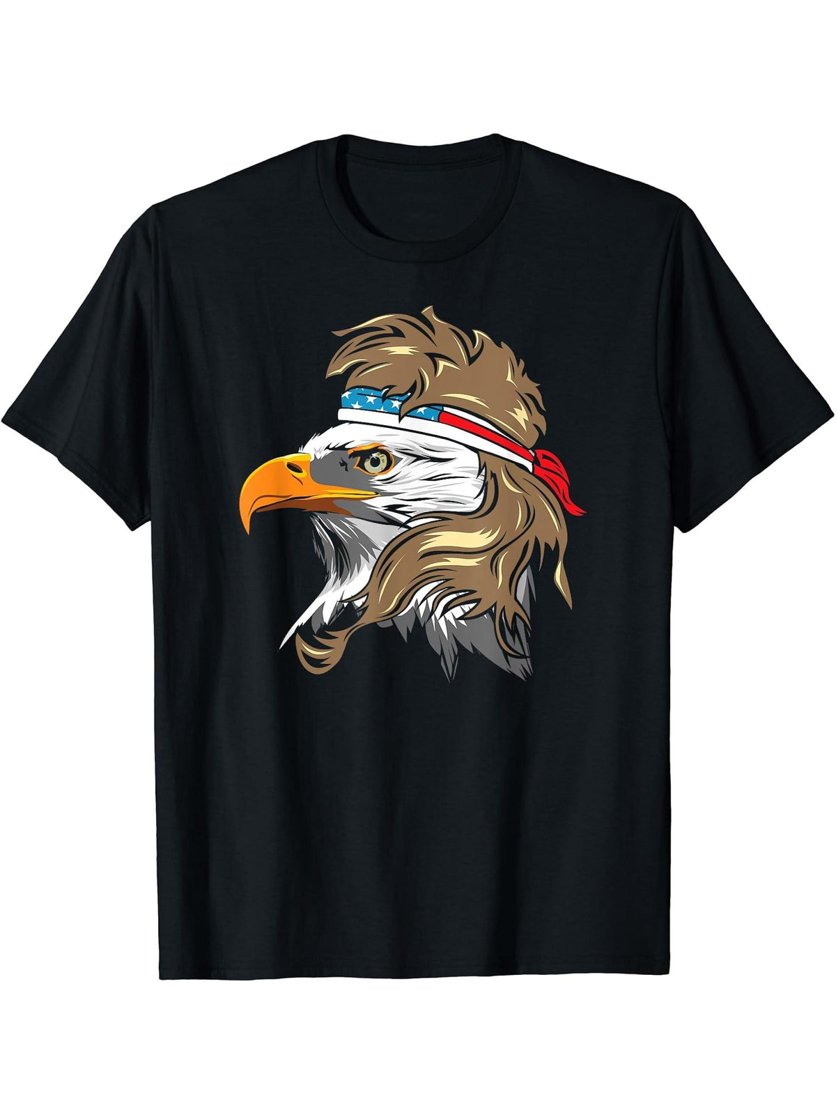 Bald Eagle with Mullet and American Flag Bandanna T-Shirt 180G 100% Cotton Printed Round Neck Short-Sleeve T-Shirt, Gifts for Men Dad Husband Grandpa, S-XXXL, Black