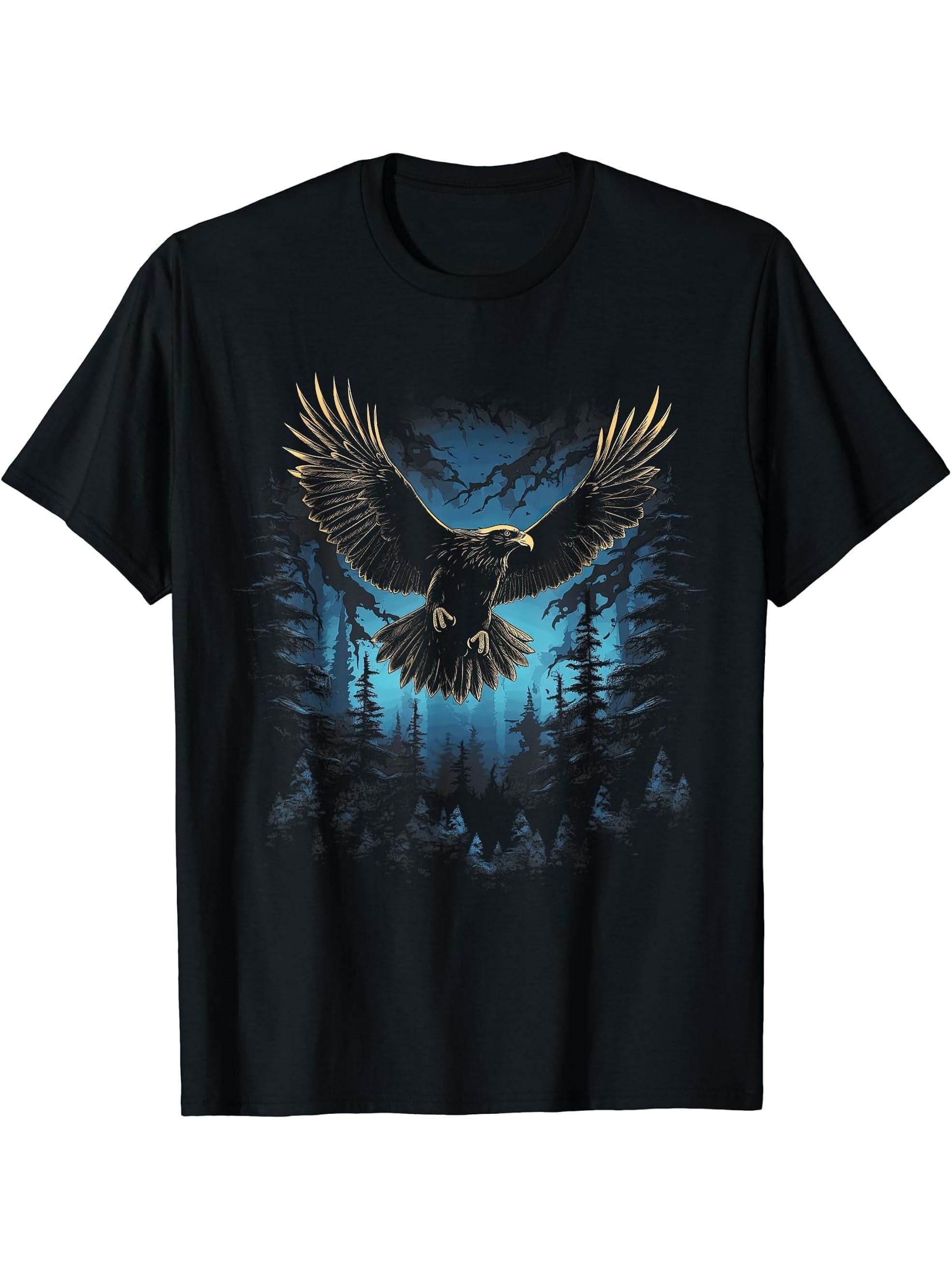 Eagle Forest Animal Wildlife T-Shirt 180G 100% Cotton Printed Round Neck Short-Sleeve T-Shirt, Gifts for Men Dad Husband Grandpa, S-XXXL, Black
