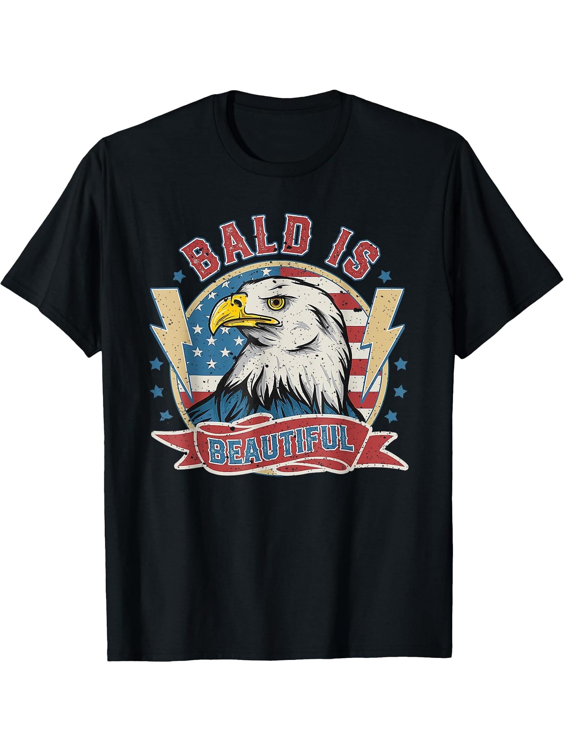 Bald Is Beautiful 4th of July Bald Eagle Independence Day T-Shirt 180G 100% Cotton Printed Round Neck Short-Sleeve T-Shirt, Gifts for Men Dad Husband Grandpa, S-XXXL, Black