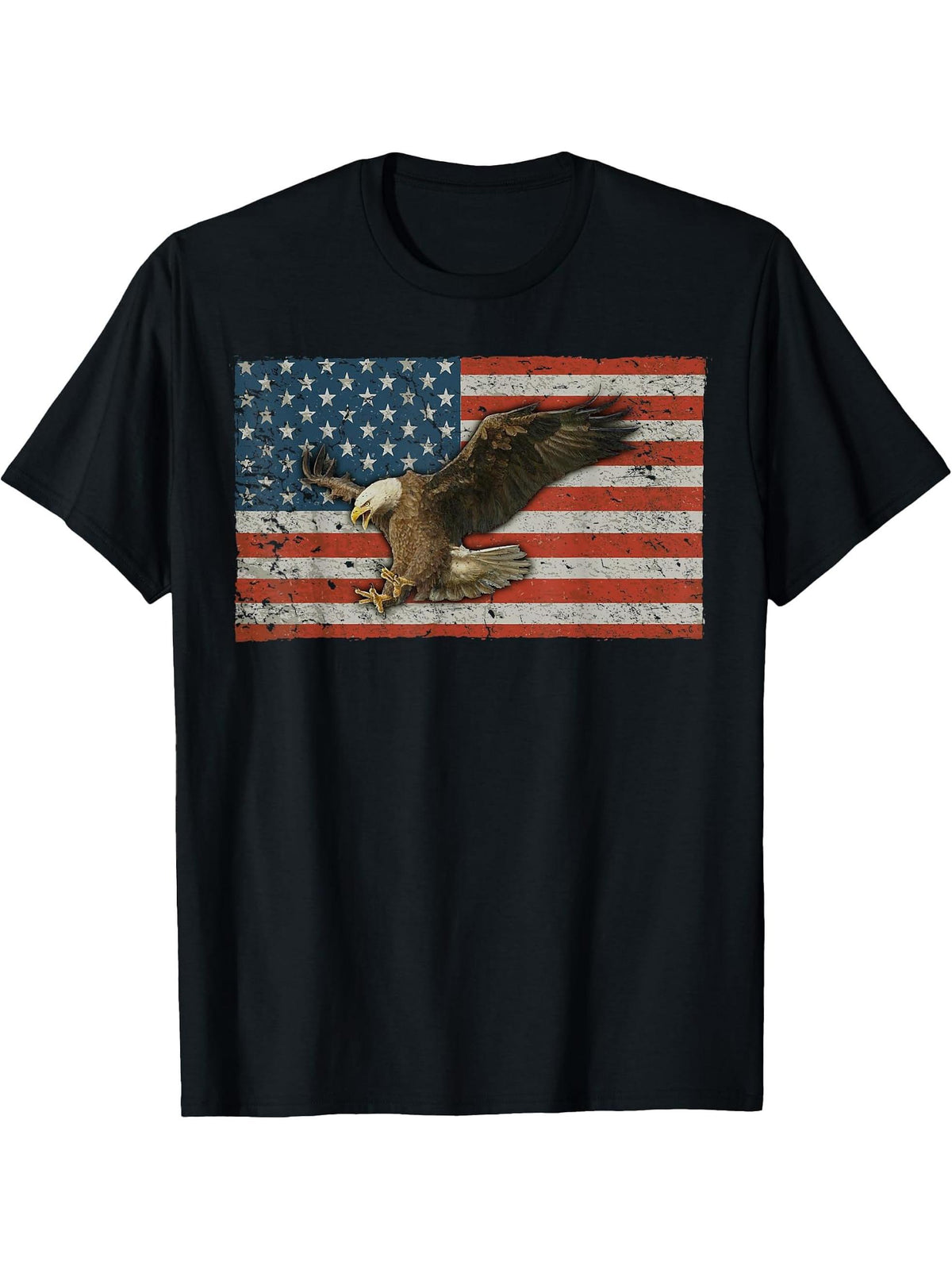 Fourth Of July Bald Eagle America Flag Retro Patriotic T-Shirt 180G 100% Cotton Printed Round Neck Short-Sleeve T-Shirt, Gifts for Men Dad Husband Grandpa, S-XXXL, Black