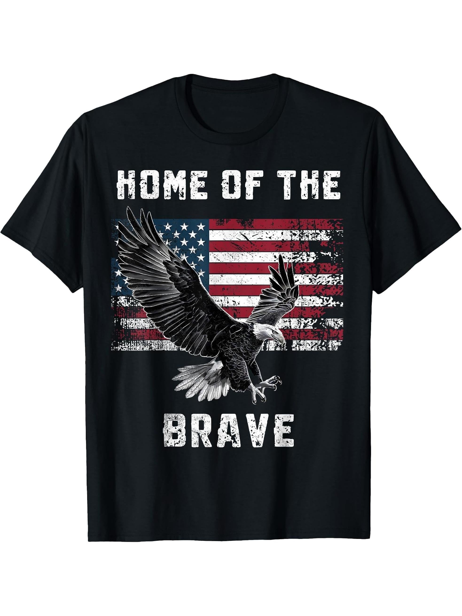 Patriotic Bald Eagle Home of the Brave USA Flag 4th July T-Shirt 180G 100% Cotton Printed Round Neck Short-Sleeve T-Shirt, Gifts for Men Dad Husband Grandpa, S-XXXL, Black