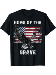 Patriotic Bald Eagle Home of the Brave USA Flag 4th July T-Shirt 180G 100% Cotton Printed Round Neck Short-Sleeve T-Shirt, Gifts for Men Dad Husband Grandpa, S-XXXL, Black