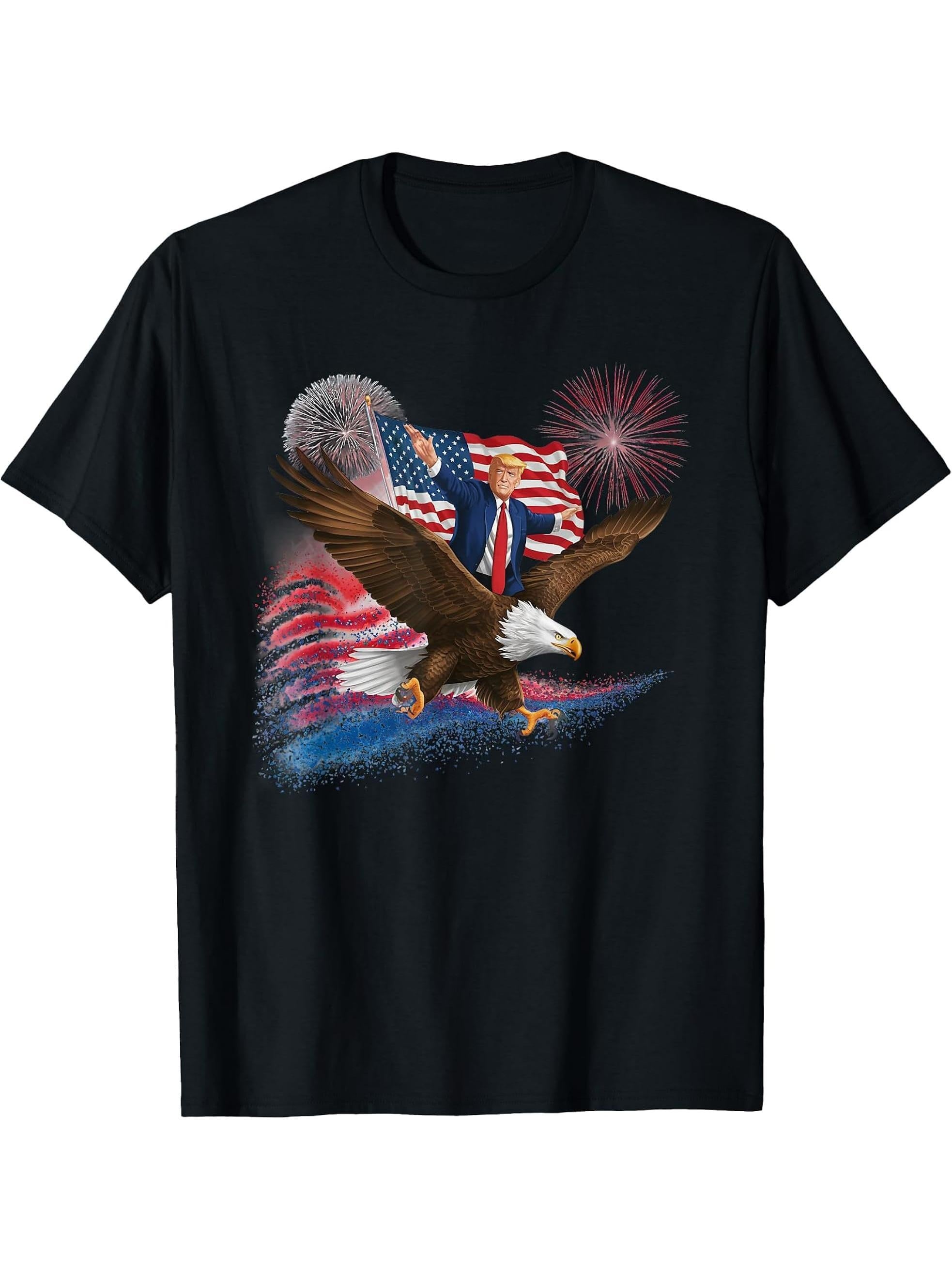 Patriotic Trump Bald Eagle American Pride USA Flag July 4th T-Shirt 180G 100% Cotton Printed Round Neck Short-Sleeve T-Shirt, Gifts for Men Dad Husband Grandpa, S-XXXL, Black