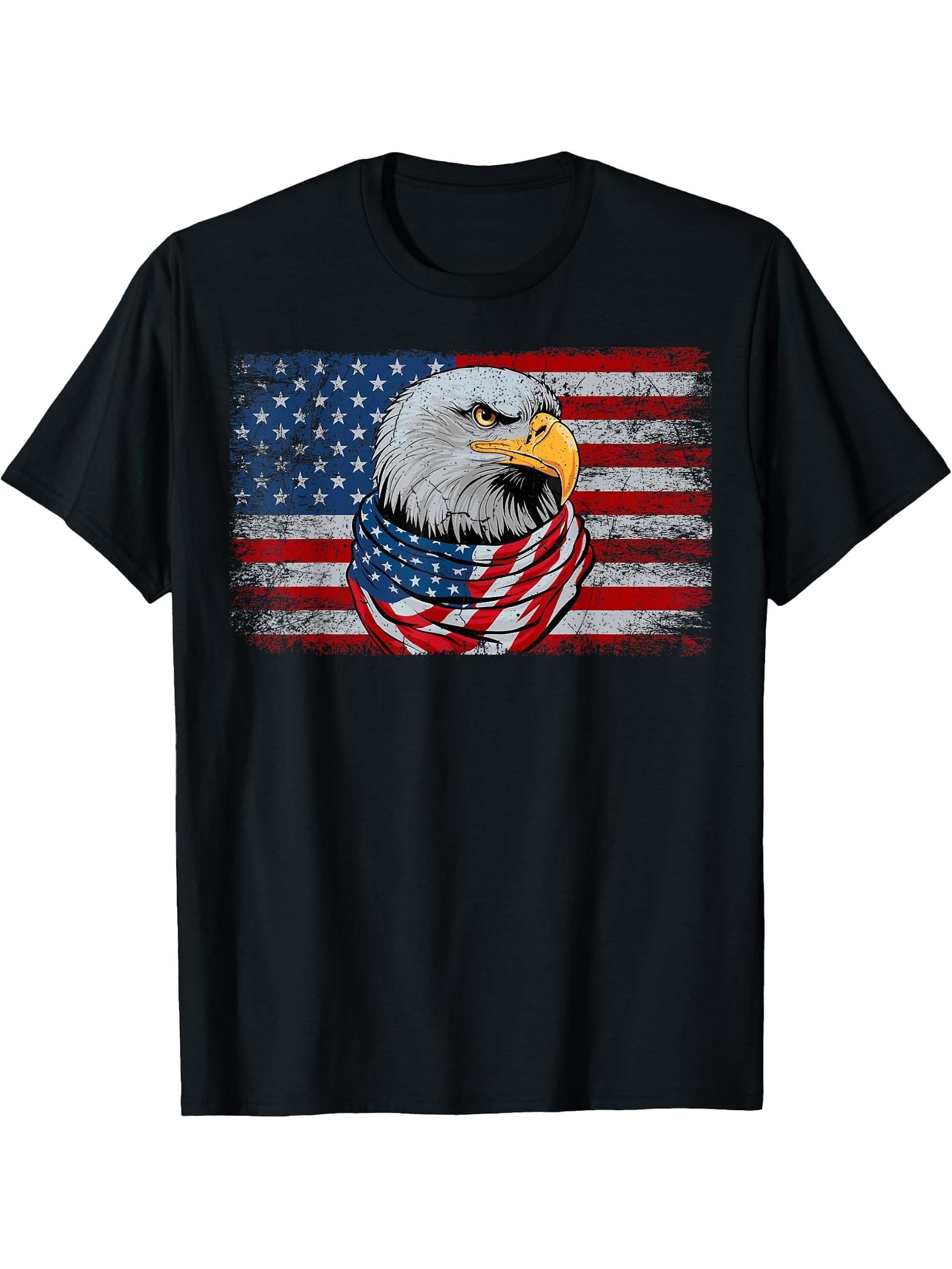 Unisex-Adult Classic Fit Modern Patriotic American Flag Bald Eagle T-Shirt - Black, Small, Short Sleeve 180G 100% Cotton Printed Round Neck Short-Sleeve T-Shirt, Gifts for Men Dad Husband Grandpa, S-XXXL, Black