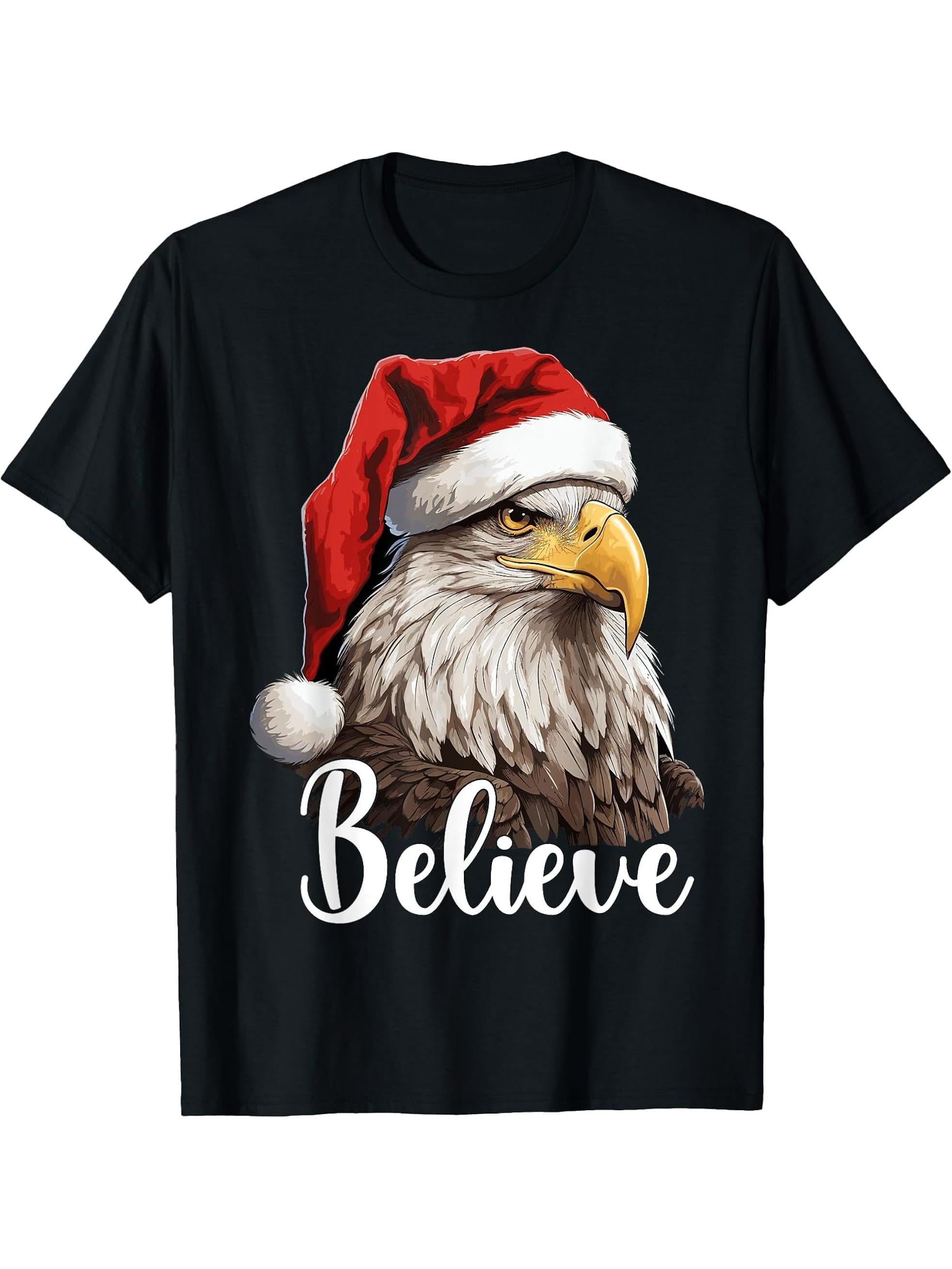Patriotic Bald Eagle Christmas Santa Hat Believe T-Shirt 180G 100% Cotton Printed Round Neck Short-Sleeve T-Shirt, Gifts for Men Dad Husband Grandpa, S-XXXL, Black