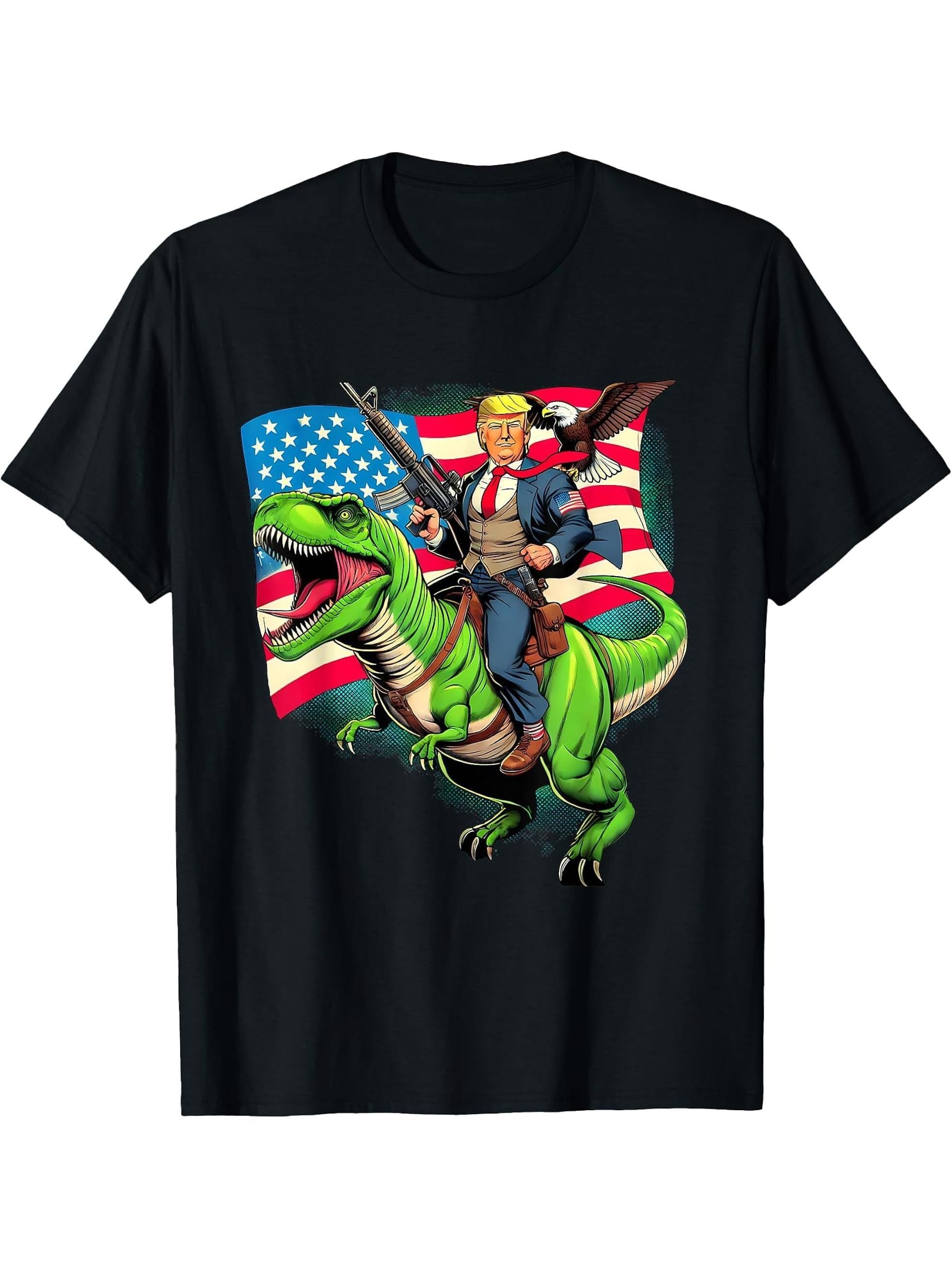 Bald Eagle US Flag Trump Riding A T-Rex T-Shirt 180G 100% Cotton Printed Round Neck Short-Sleeve T-Shirt, Gifts for Men Dad Husband Grandpa, S-XXXL, Black