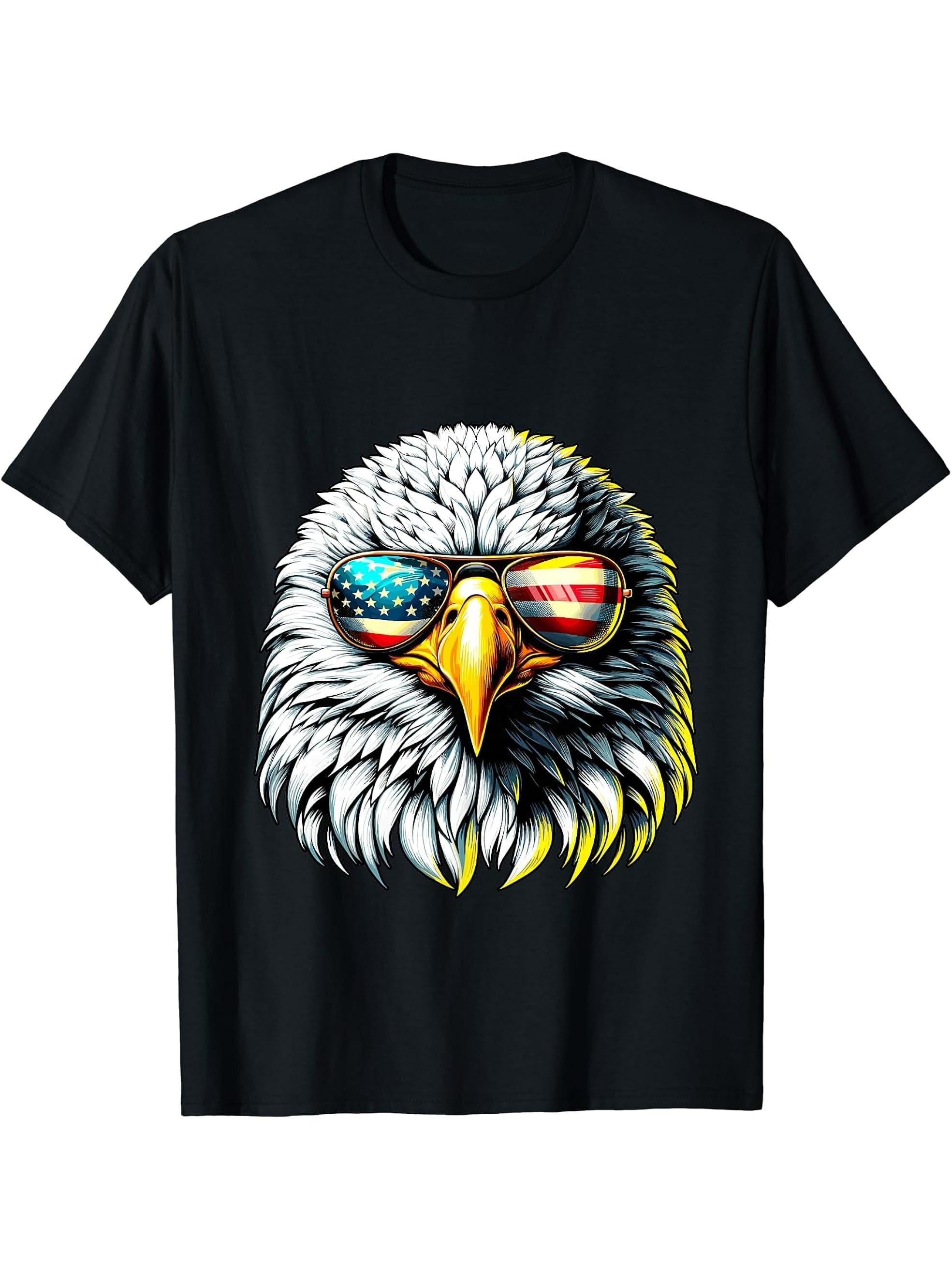 American Bald Eagle with Sunglasses USA Flag 4th of July T-Shirt 180G 100% Cotton Printed Round Neck Short-Sleeve T-Shirt, Gifts for Men Dad Husband Grandpa, S-XXXL, Black