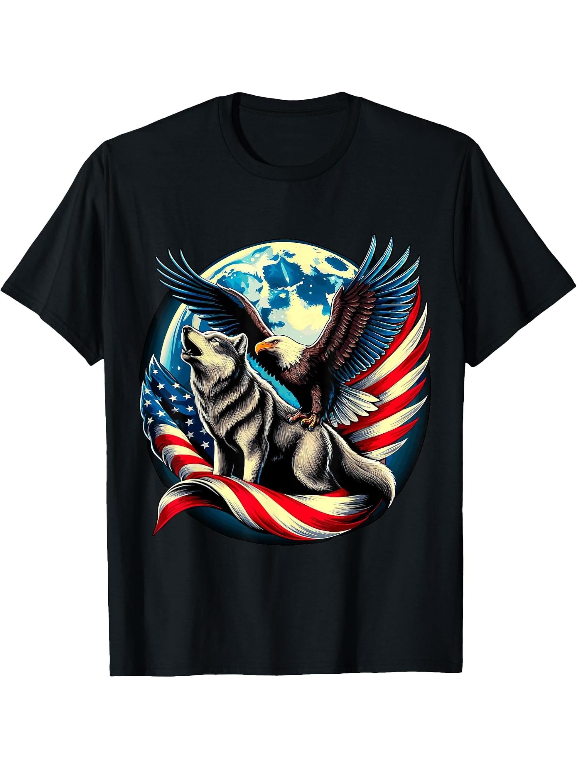 American Bald Eagle and Wolf USA Flag 4th of July T-Shirt 180G 100% Cotton Printed Round Neck Short-Sleeve T-Shirt, Gifts for Men Dad Husband Grandpa, S-XXXL, Black