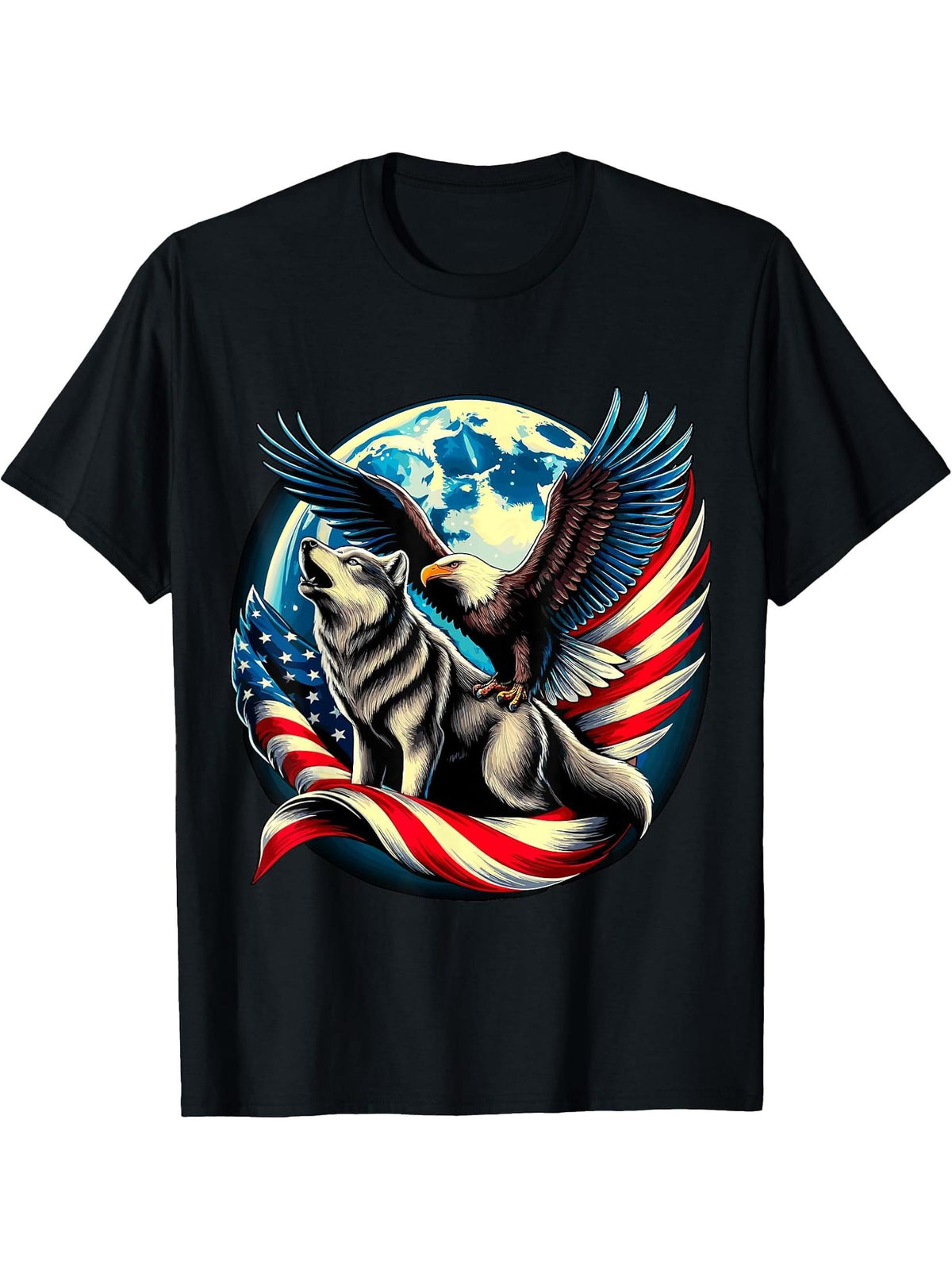 American Bald Eagle and Wolf USA Flag 4th of July T-Shirt 180G 100% Cotton Printed Round Neck Short-Sleeve T-Shirt, Gifts for Men Dad Husband Grandpa, S-XXXL, Black