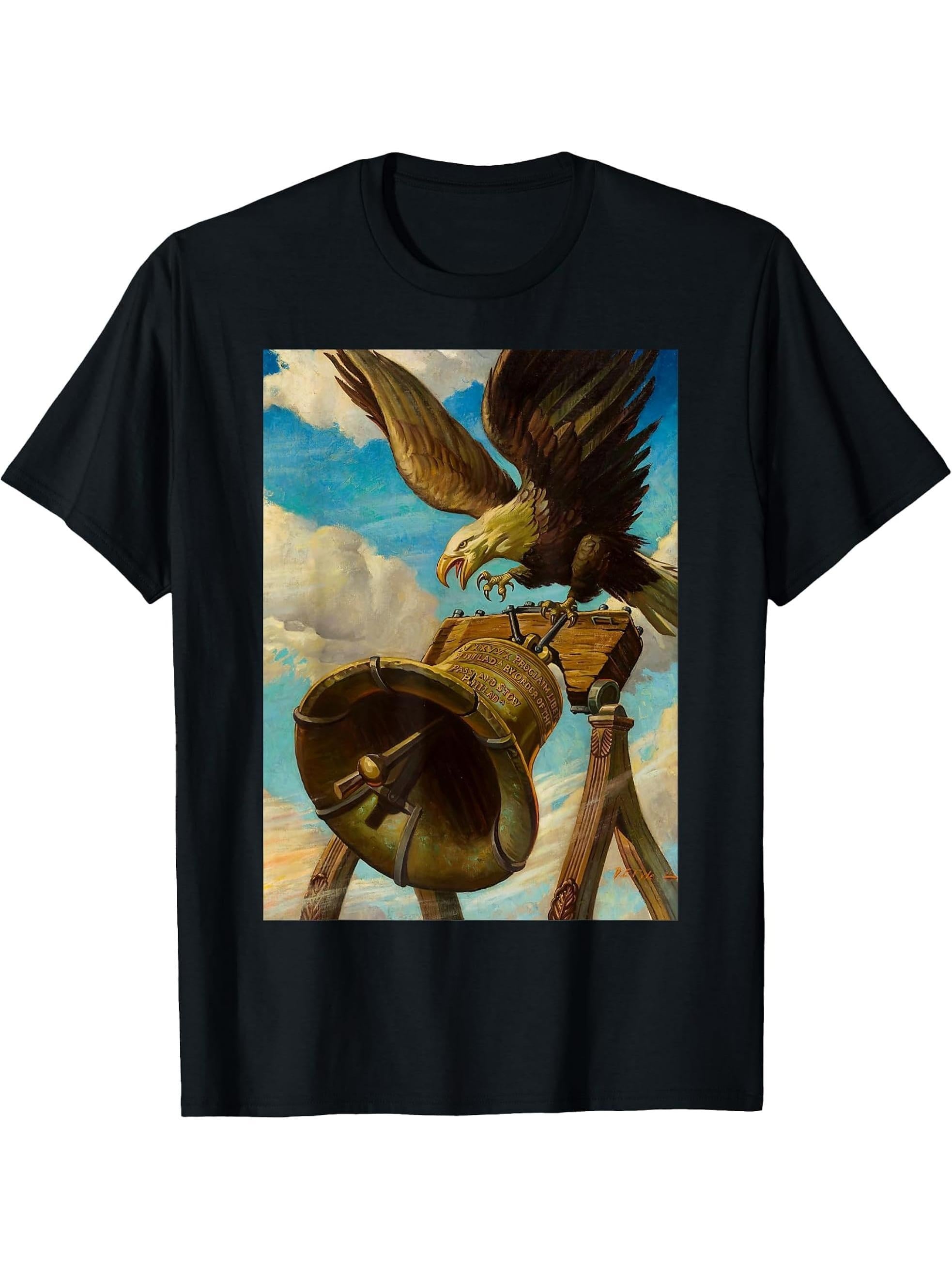 The Most Patriotic Design Ever - USA Bald Eagle Liberty Bell T-Shirt 180G 100% Cotton Printed Round Neck Short-Sleeve T-Shirt, Gifts for Men Dad Husband Grandpa, S-XXXL, Black