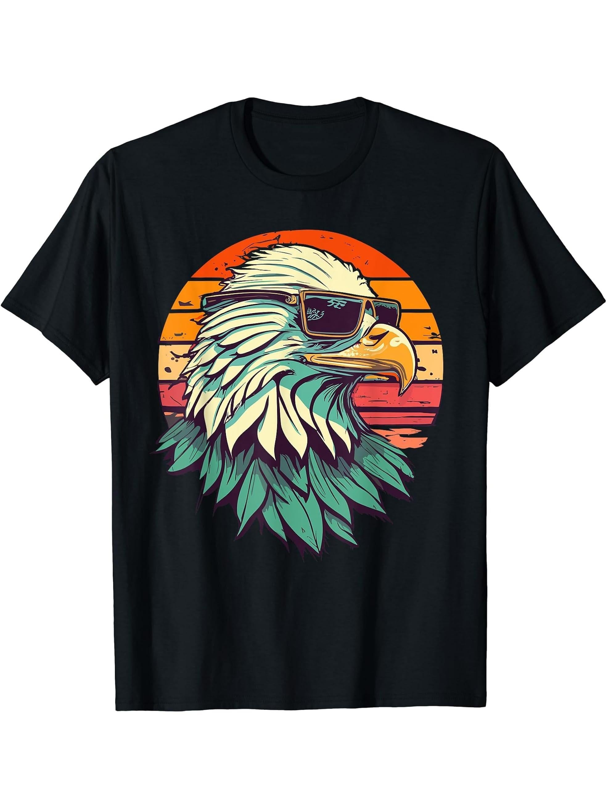 Vintage Eagle with Sunglasses - Retro American Bald Eagle T-Shirt 180G 100% Cotton Printed Round Neck Short-Sleeve T-Shirt, Gifts for Men Dad Husband Grandpa, S-XXXL, Black