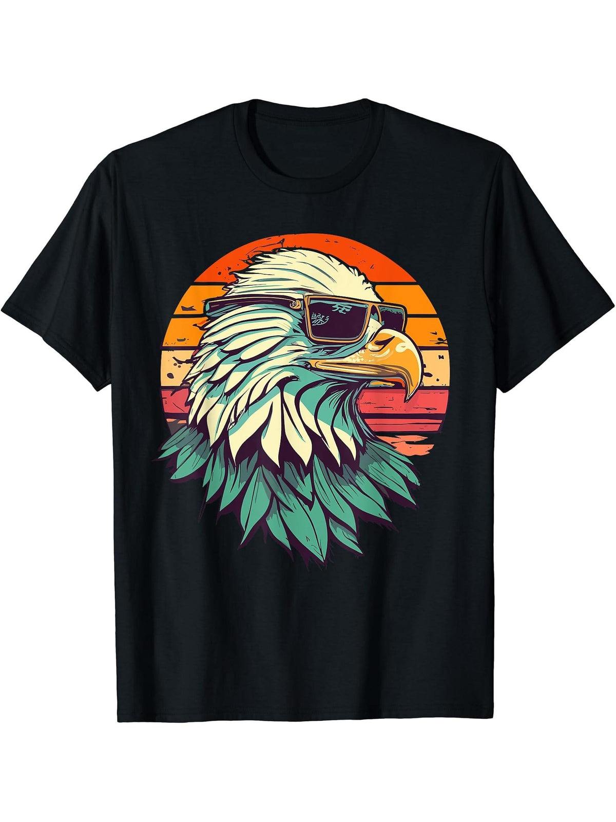Vintage Eagle with Sunglasses - Retro American Bald Eagle T-Shirt 180G 100% Cotton Printed Round Neck Short-Sleeve T-Shirt, Gifts for Men Dad Husband Grandpa, S-XXXL, Black