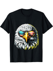 American Bald Eagle with Sunglasses USA Flag 4th of July T-Shirt 180G 100% Cotton Printed Round Neck Short-Sleeve T-Shirt, Gifts for Men Dad Husband Grandpa, S-XXXL, Black