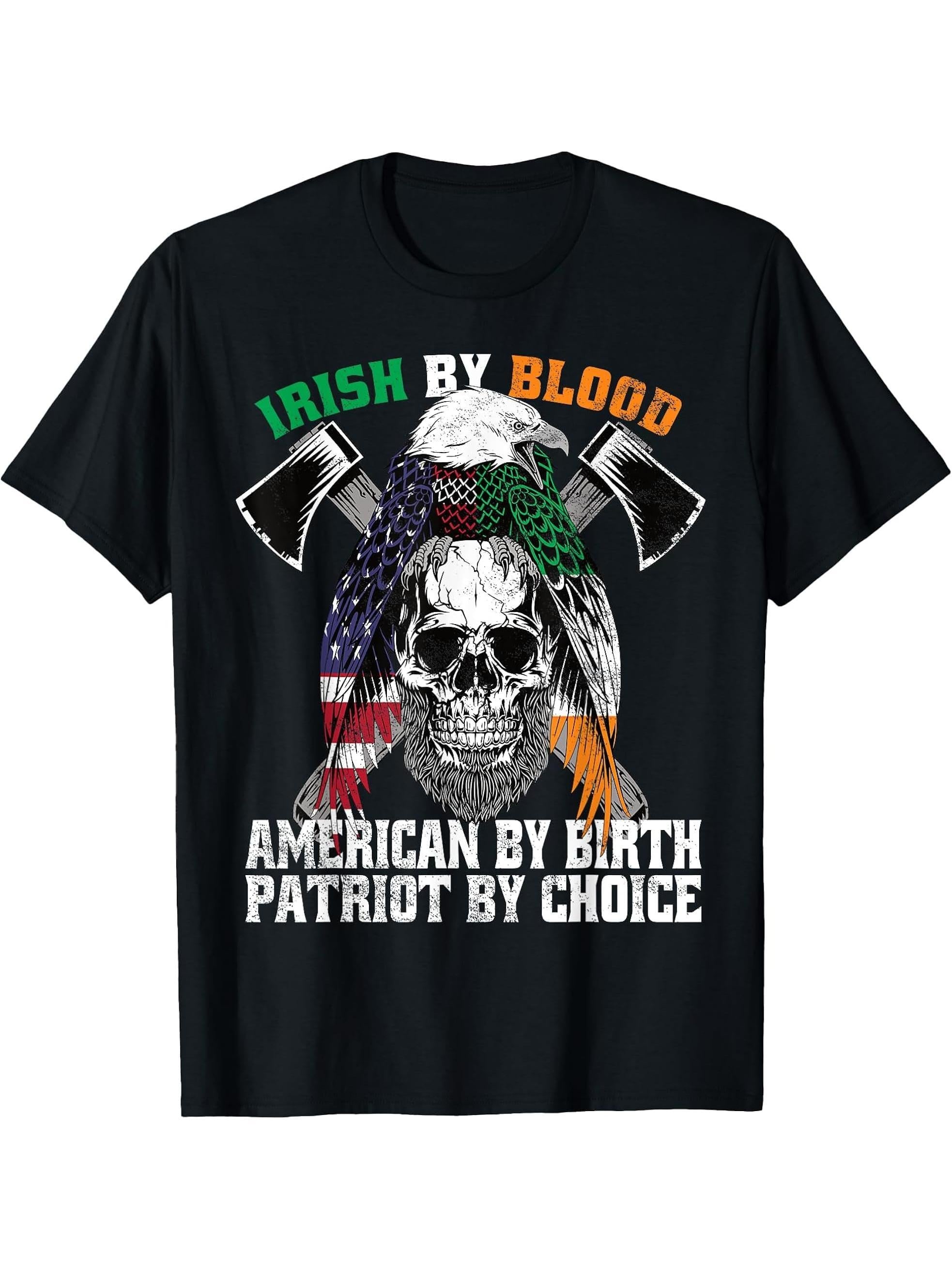 Irish By Blood American By Birth Patriot by Choice Eagle T-Shirt 180G 100% Cotton Printed Round Neck Short-Sleeve T-Shirt, Gifts for Men Dad Husband Grandpa, S-XXXL, Black