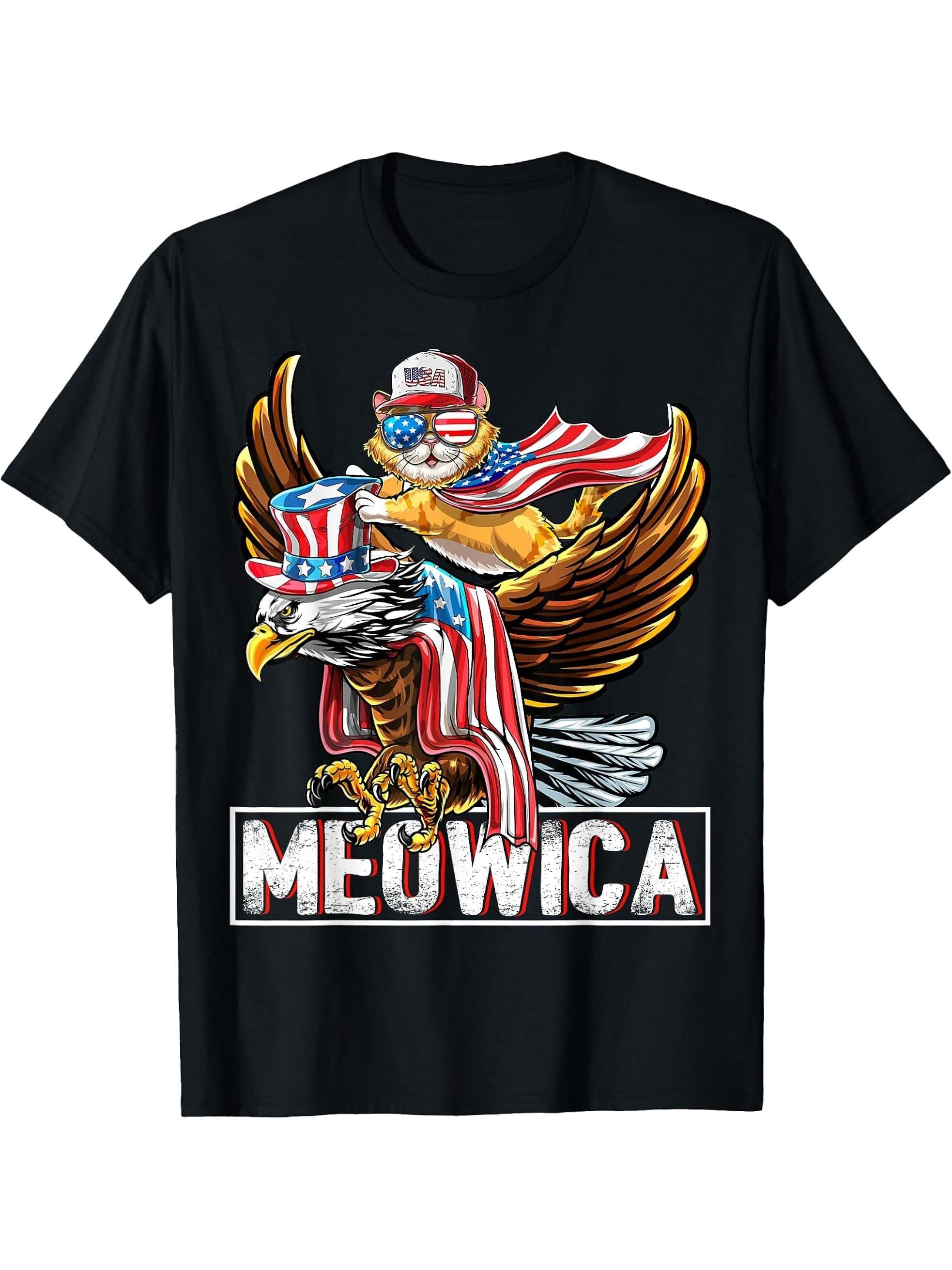 Meowica Cat Bald Eagle 4th of July Patriotic American Flag T-Shirt 180G 100% Cotton Printed Round Neck Short-Sleeve T-Shirt, Gifts for Men Dad Husband Grandpa, S-XXXL, Black