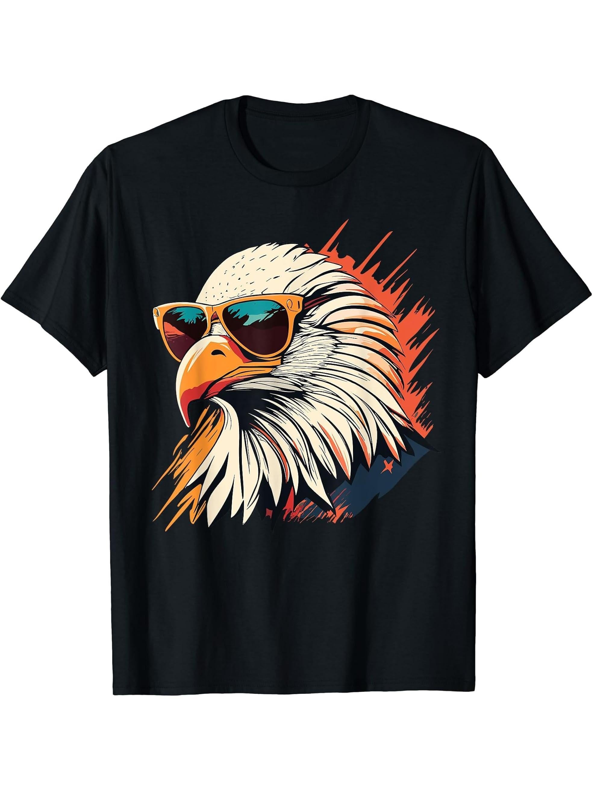 Vintage Eagle with Sunglasses - Retro American Bald Eagle T-Shirt 180G 100% Cotton Printed Round Neck Short-Sleeve T-Shirt, Gifts for Men Dad Husband Grandpa, S-XXXL, Black