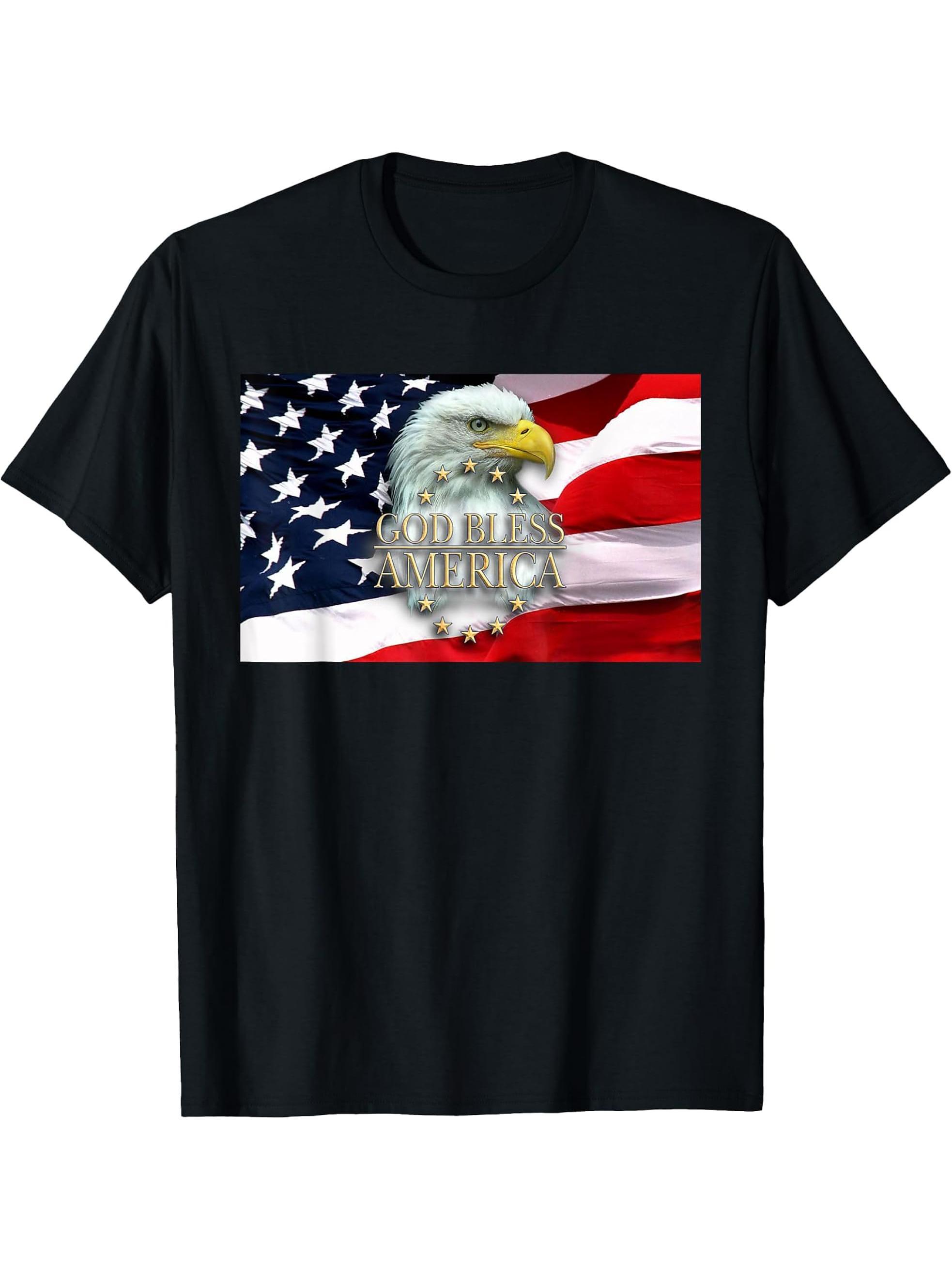God Bless America Bald Eagle USA American Flag 4th of July T-Shirt 180G 100% Cotton Printed Round Neck Short-Sleeve T-Shirt, Gifts for Men Dad Husband Grandpa, S-XXXL, Black