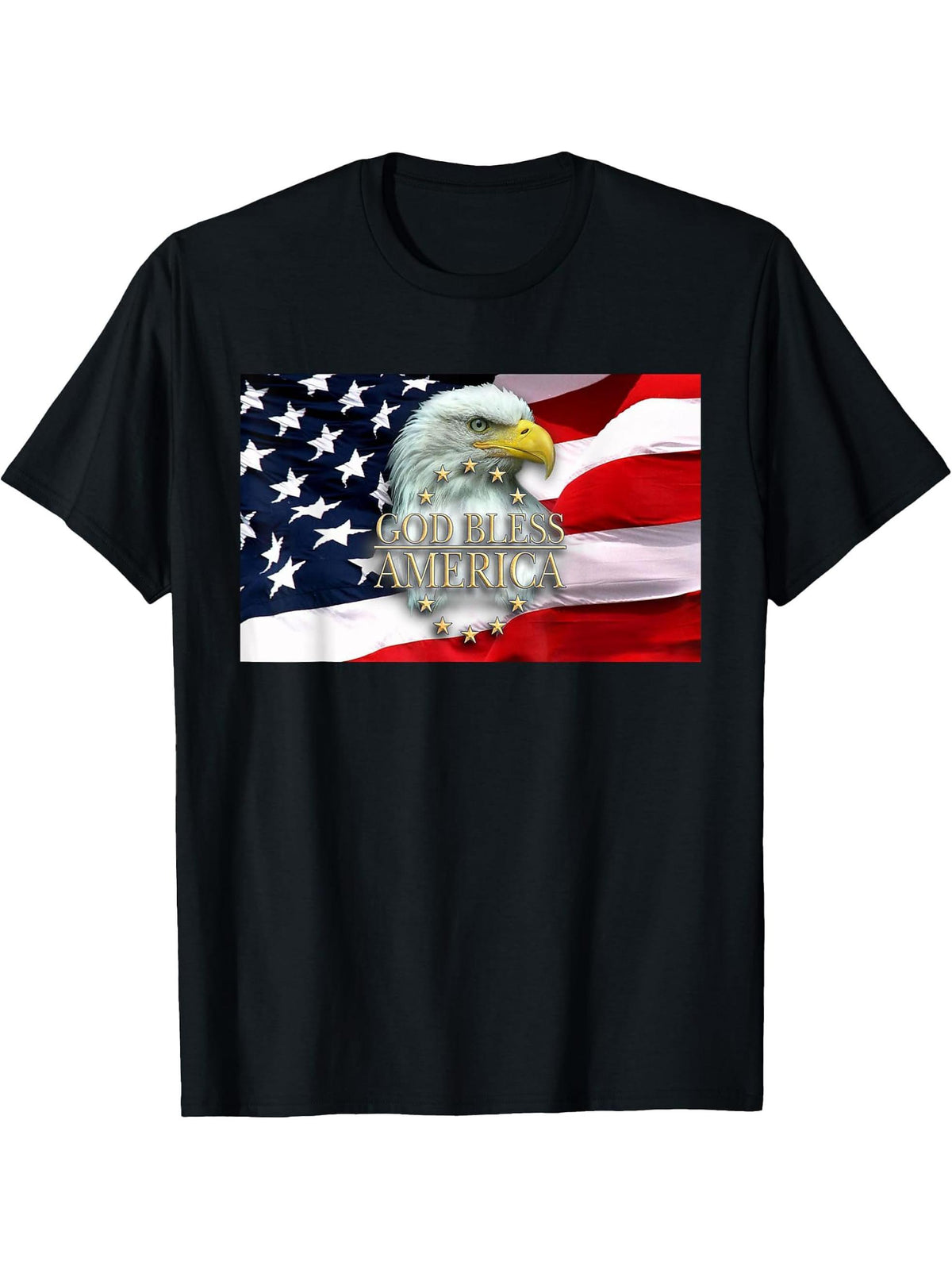 God Bless America Bald Eagle USA American Flag 4th of July T-Shirt 180G 100% Cotton Printed Round Neck Short-Sleeve T-Shirt, Gifts for Men Dad Husband Grandpa, S-XXXL, Black
