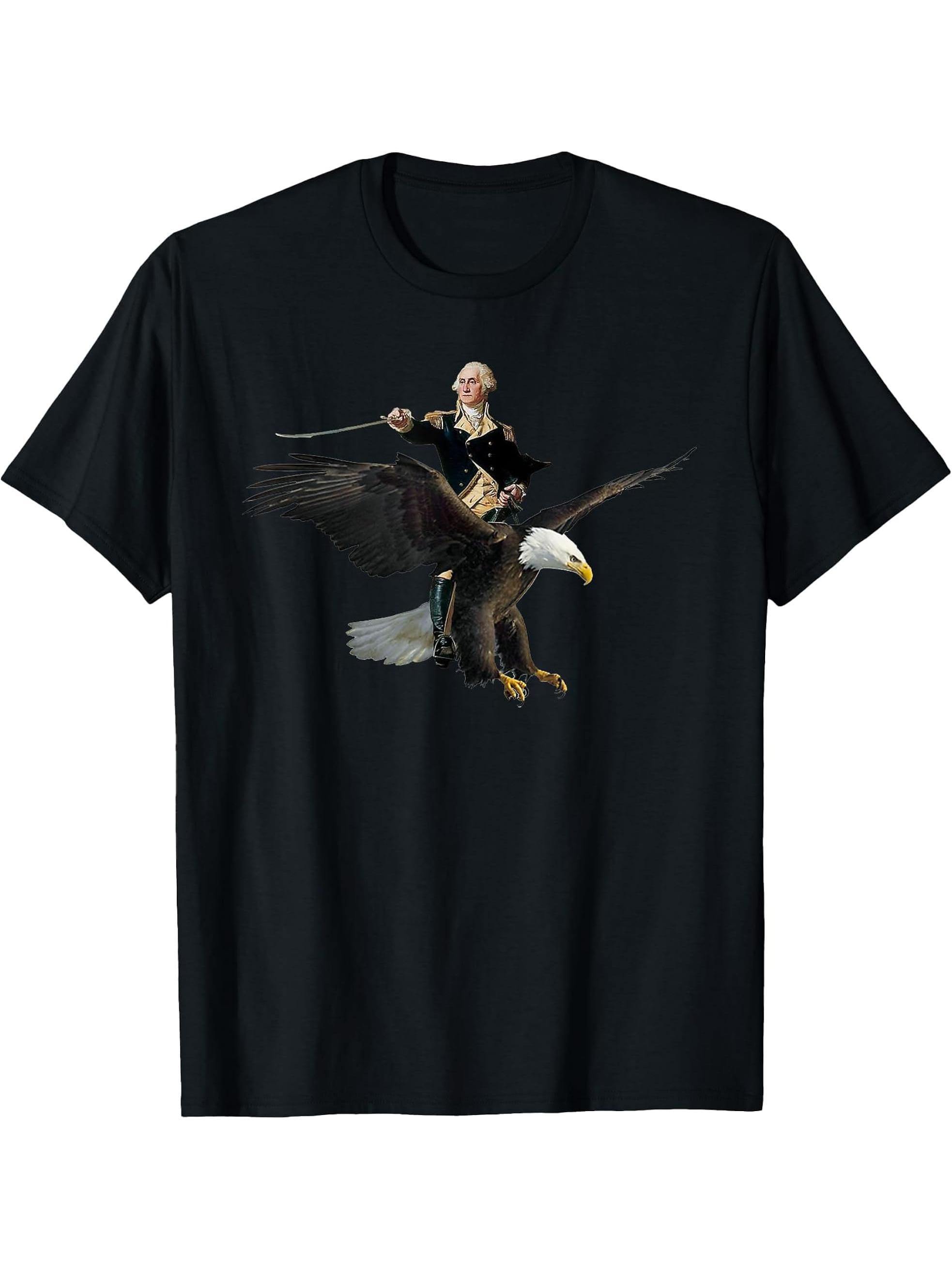 George Washington Riding A Bald Eagle - Patriotic T-shirt T-Shirt 180G 100% Cotton Printed Round Neck Short-Sleeve T-Shirt, Gifts for Men Dad Husband Grandpa, S-XXXL, Black