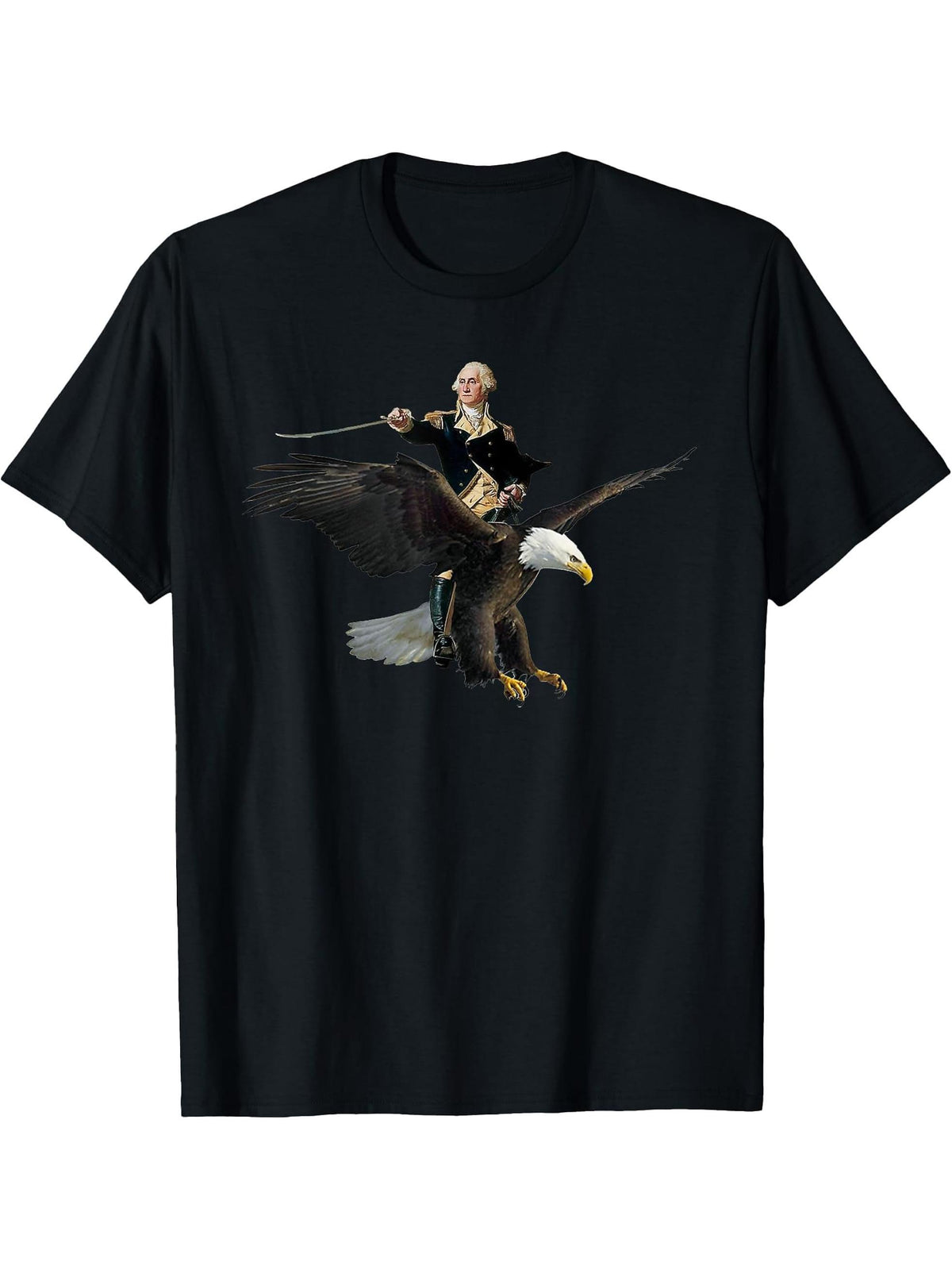 George Washington Riding A Bald Eagle - Patriotic T-shirt T-Shirt 180G 100% Cotton Printed Round Neck Short-Sleeve T-Shirt, Gifts for Men Dad Husband Grandpa, S-XXXL, Black