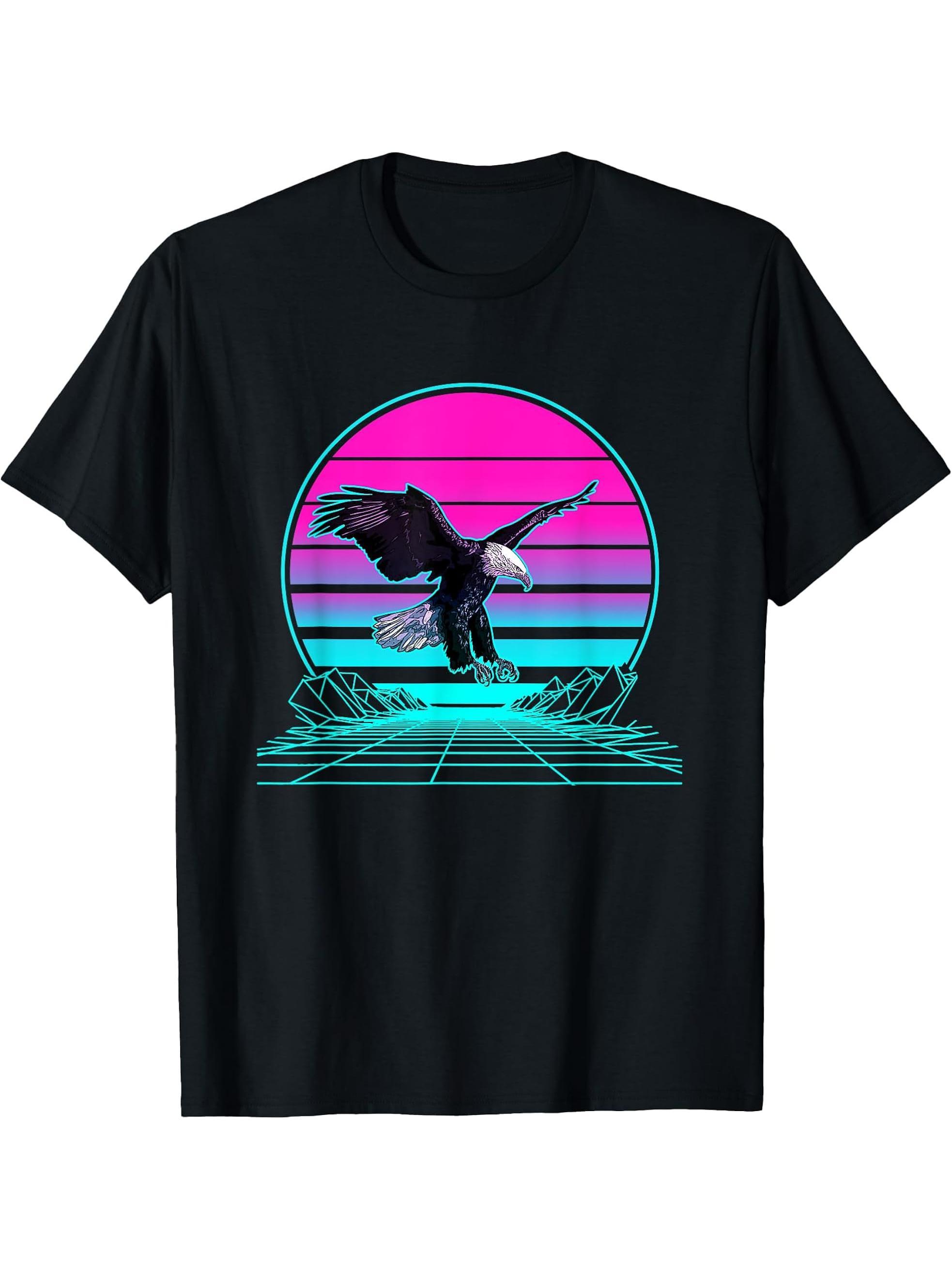 Vintage Retro Sunset Bald Eagle T-Shirt 180G 100% Cotton Printed Round Neck Short-Sleeve T-Shirt, Gifts for Men Dad Husband Grandpa, S-XXXL, Black