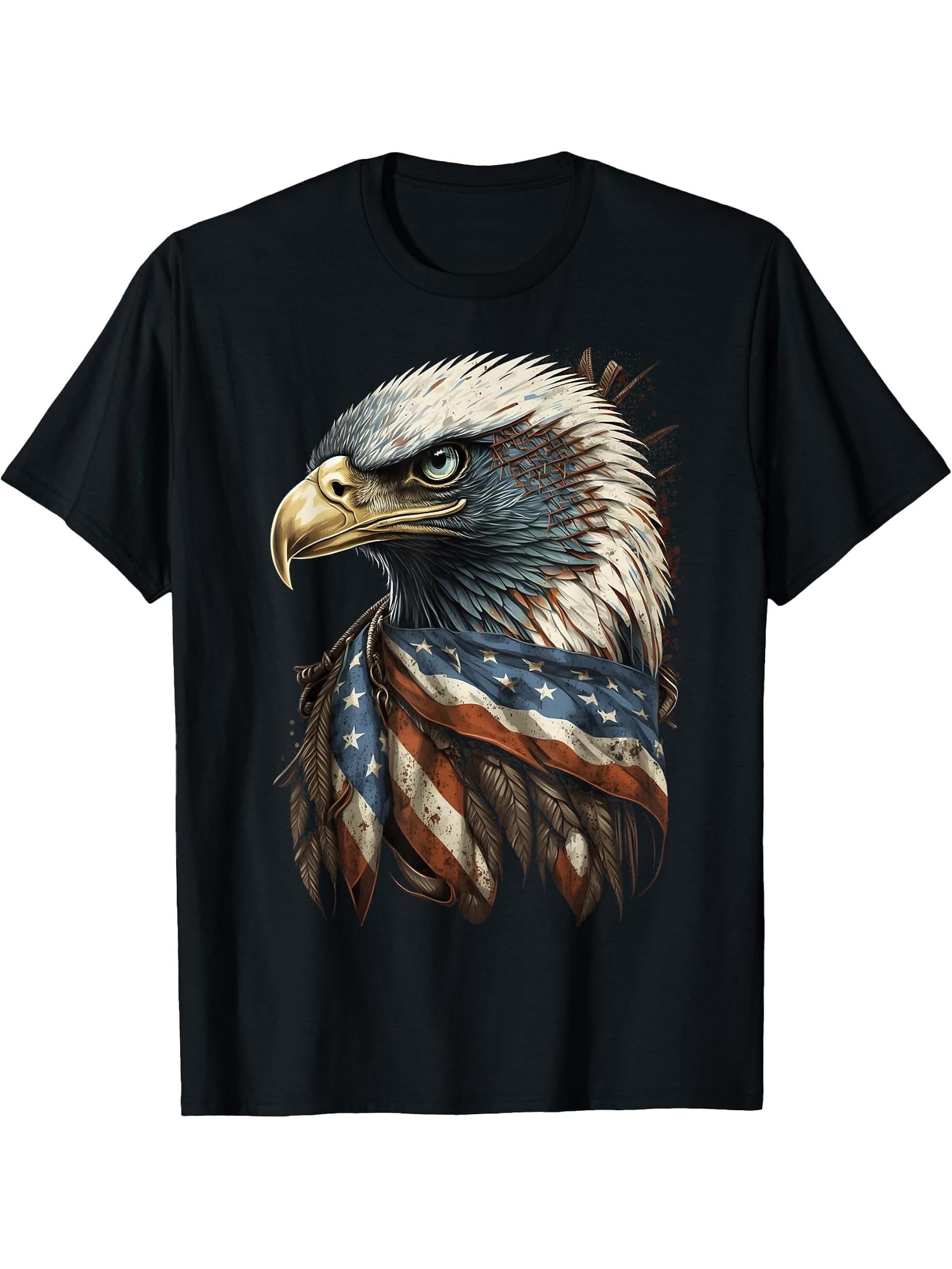 Patriotic Bald Eagle 4th Of July Men USA American Flag T-Shirt 180G 100% Cotton Printed Round Neck Short-Sleeve T-Shirt, Gifts for Men Dad Husband Grandpa, S-XXXL, Black