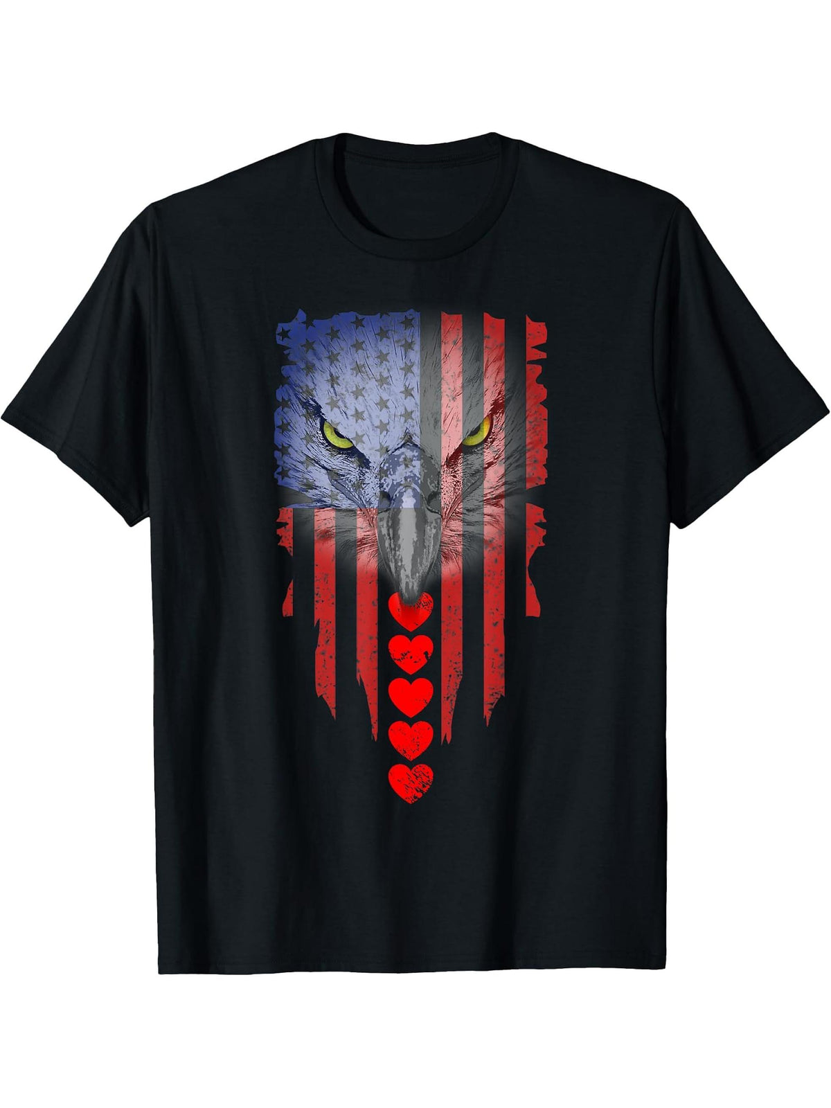 American Flag Hearts Bald Eagle Patriotic Vintage USA T-Shirt 180G 100% Cotton Printed Round Neck Short-Sleeve T-Shirt, Gifts for Men Dad Husband Grandpa, S-XXXL, Black