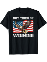 American Flag Bald Eagle Not Tired Of Winning USA Patriotic T-Shirt 180G 100% Cotton Printed Round Neck Short-Sleeve T-Shirt, Gifts for Men Dad Husband Grandpa, S-XXXL, Black