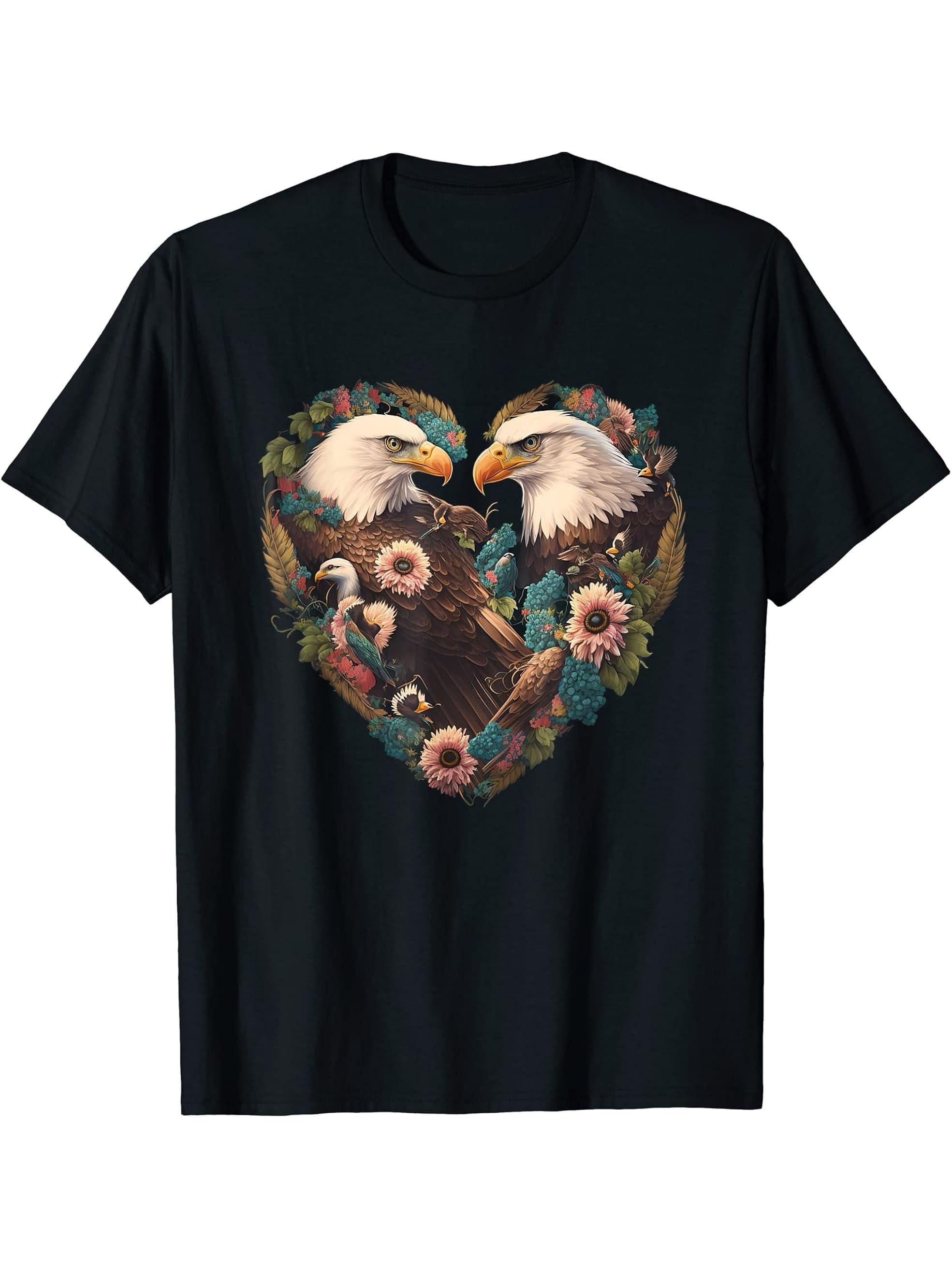 Valentine's Day Bald Eagle Heart T-Shirt 180G 100% Cotton Printed Round Neck Short-Sleeve T-Shirt, Gifts for Men Dad Husband Grandpa, S-XXXL, Black