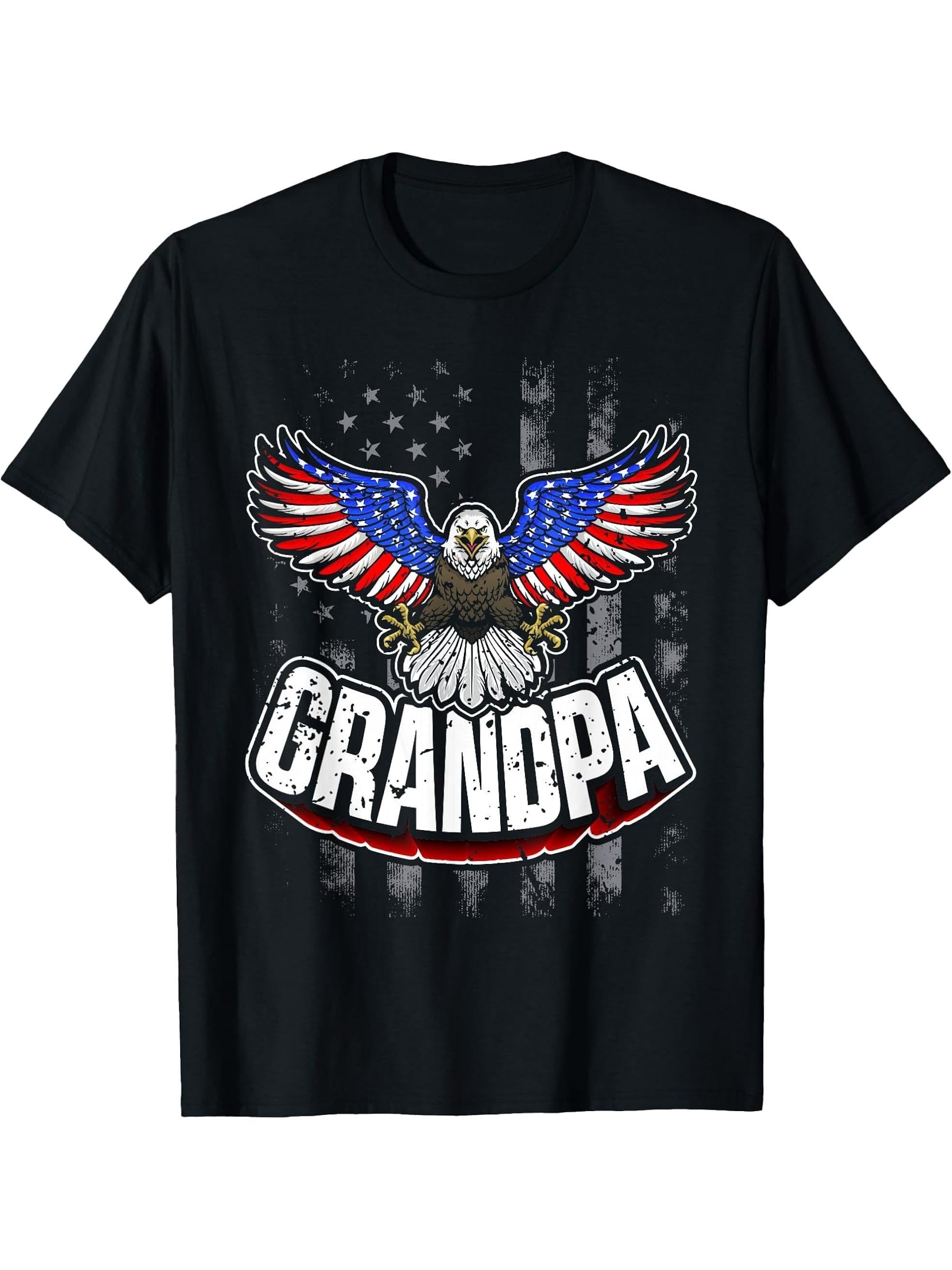 Grandpa Vintage USA Flag Bald Eagle Patriotic 4th of July T-Shirt 180G 100% Cotton Printed Round Neck Short-Sleeve T-Shirt, Gifts for Men Dad Husband Grandpa, S-XXXL, Black