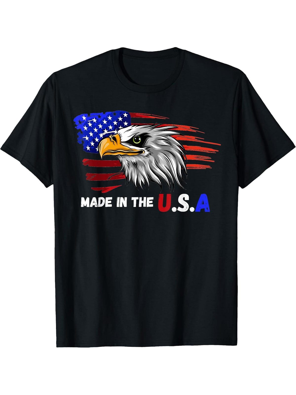 Made In The U.S.A Bald Eagle Patriotic Flag Tattoo T-Shirt 180G 100% Cotton Printed Round Neck Short-Sleeve T-Shirt, Gifts for Men Dad Husband Grandpa, S-XXXL, Black
