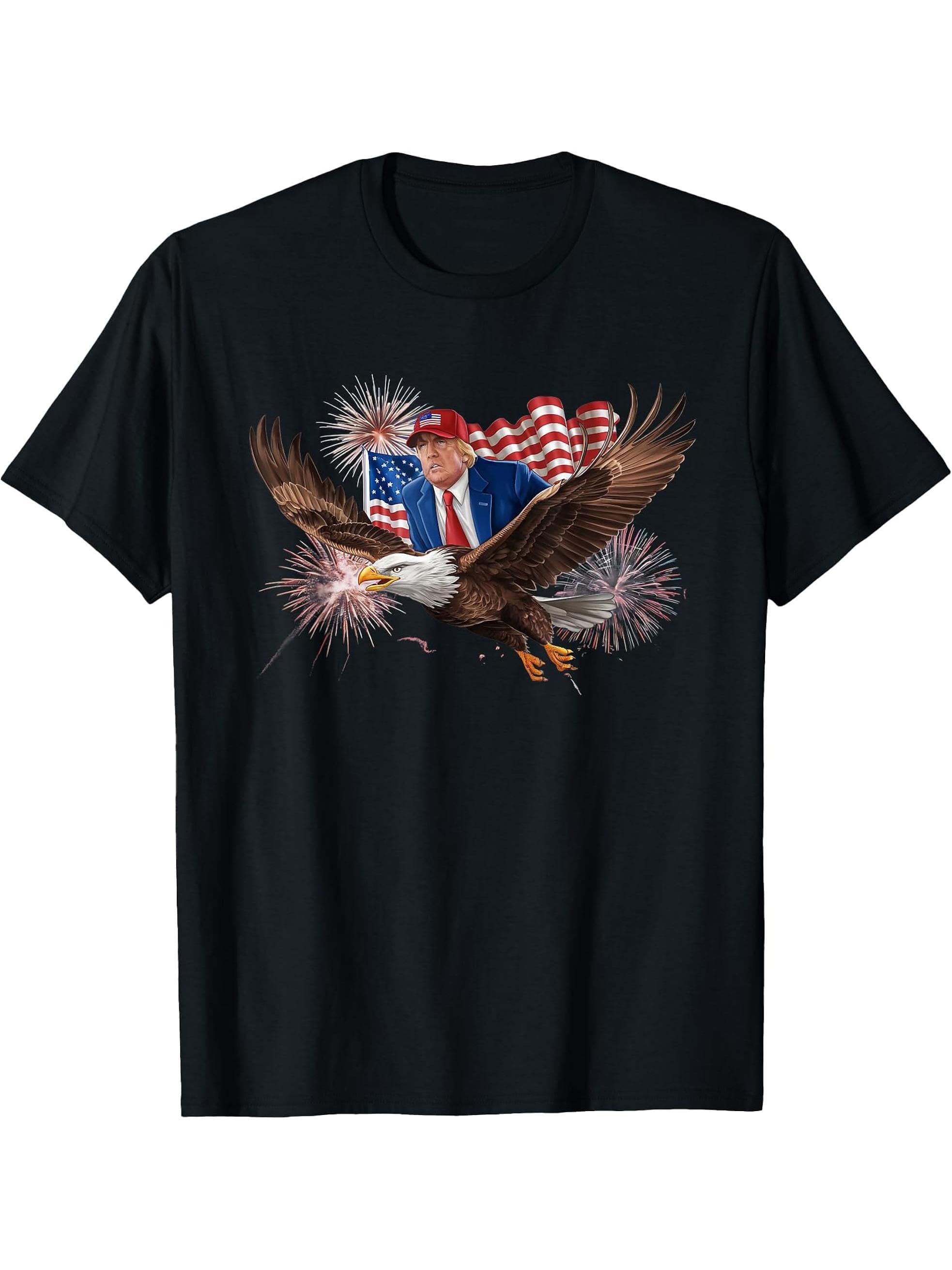 Patriotic Trump Riding Bald Eagle American Pride July 4th T-Shirt 180G 100% Cotton Printed Round Neck Short-Sleeve T-Shirt, Gifts for Men Dad Husband Grandpa, S-XXXL, Black