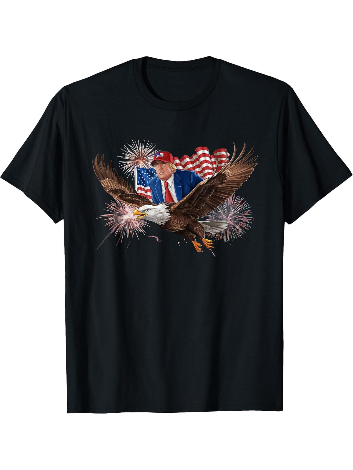Patriotic Trump Riding Bald Eagle American Pride July 4th T-Shirt 180G 100% Cotton Printed Round Neck Short-Sleeve T-Shirt, Gifts for Men Dad Husband Grandpa, S-XXXL, Black